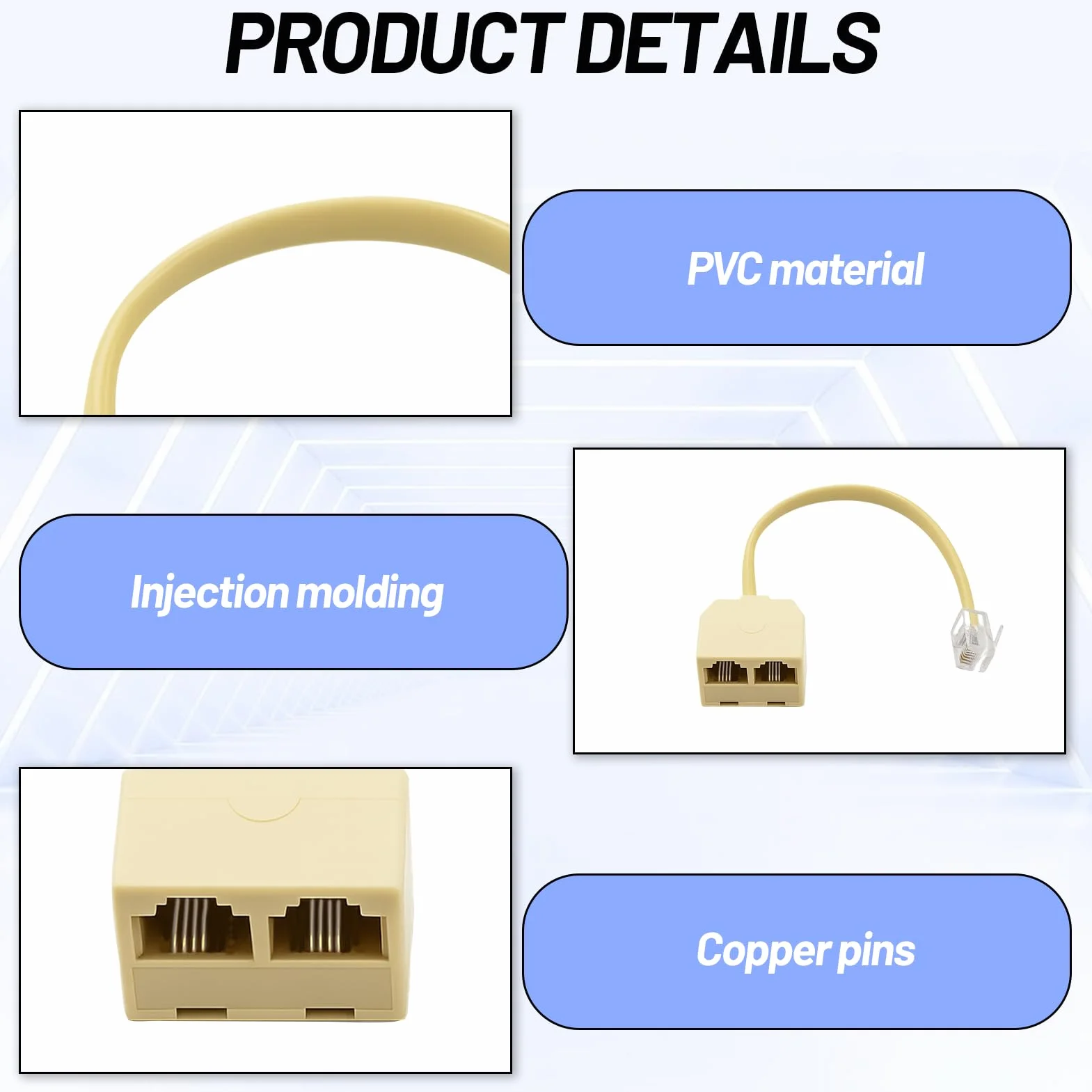 Bifurcador de Teléfono RJ11, Adaptador Divisor Macho a Doble RJ11, Splitter 6P4C/6P2C
