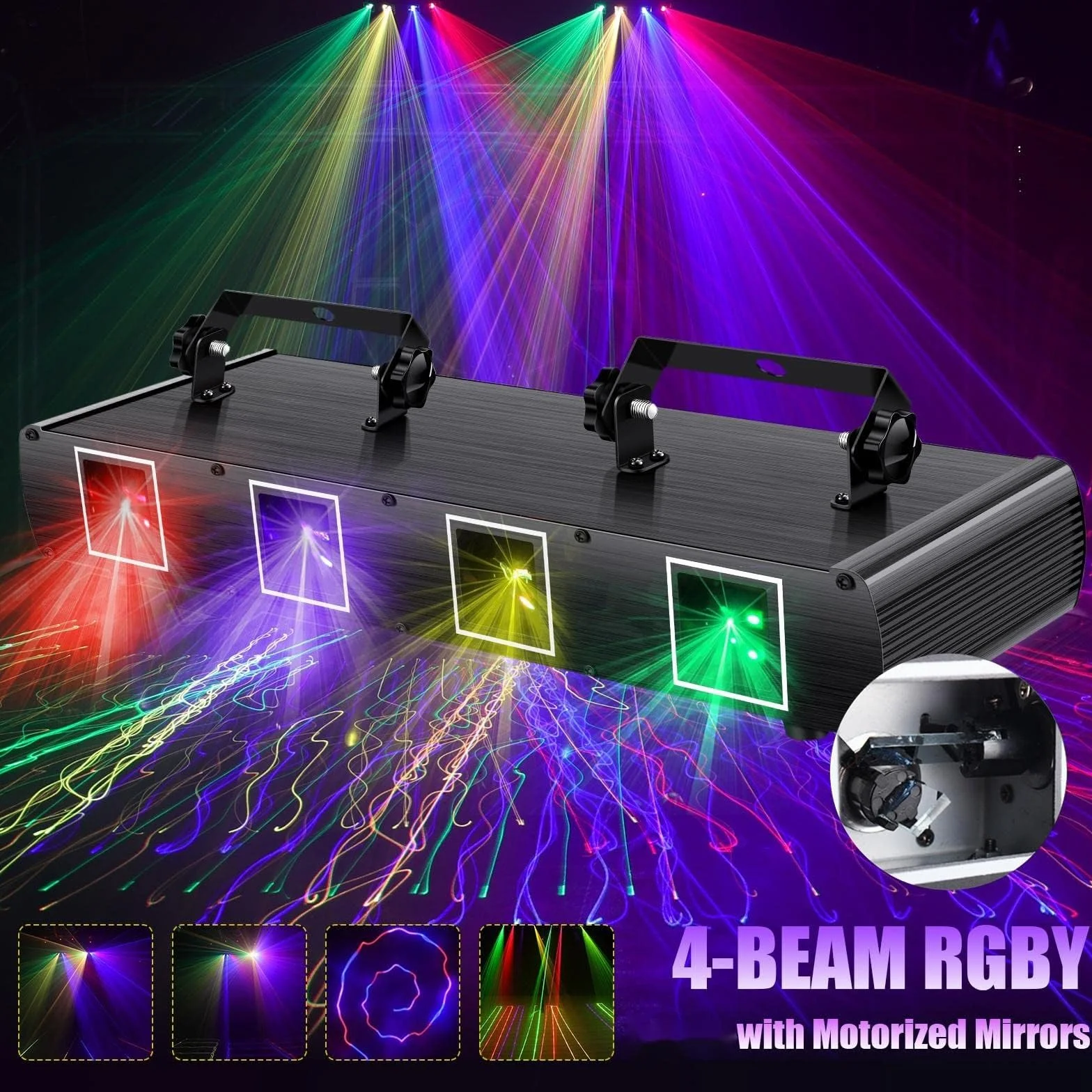 Luces de discoteca, luces LED RGBY de 4 lentes for DJ, luces de fiesta for escenario, activadas por sonido/DMX autopropulsadas/maestro-esclavo, 100 patrones/300 efectos, for cumpleaños, DJ, espectácul