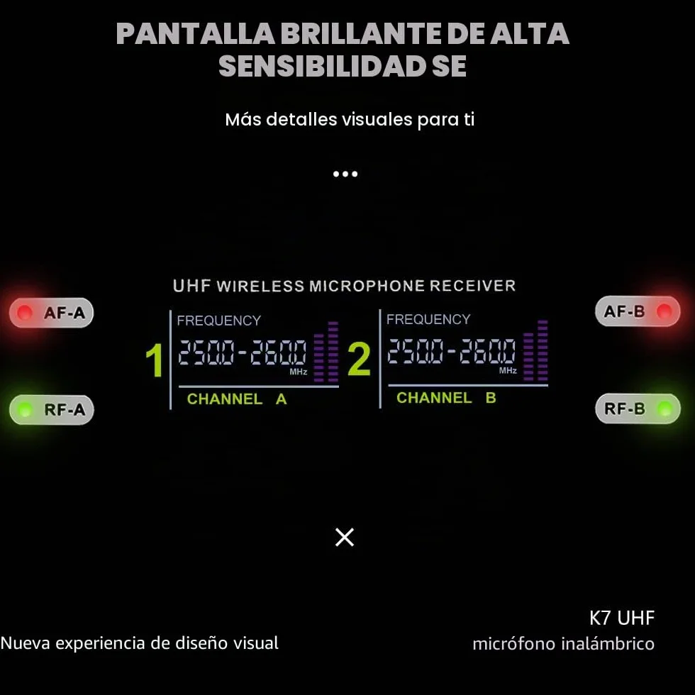 K7 - Juego de micrófono profesional inalámbrico 2 portátiles VHF 230-250 MHz sistema de micrófono 100 m de distancia para karaoke, fiesta, idioma