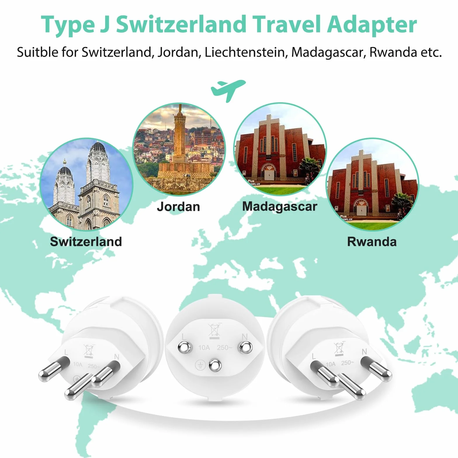 Adaptador Enchufe Suiza 3 Piezas Adaptador Enchufe Europeo/España a Suizo, Adapter de UE a Switzerland, Tipo C/E/F a Tipo J para Maldivas, Ruanda, Liechtenstein