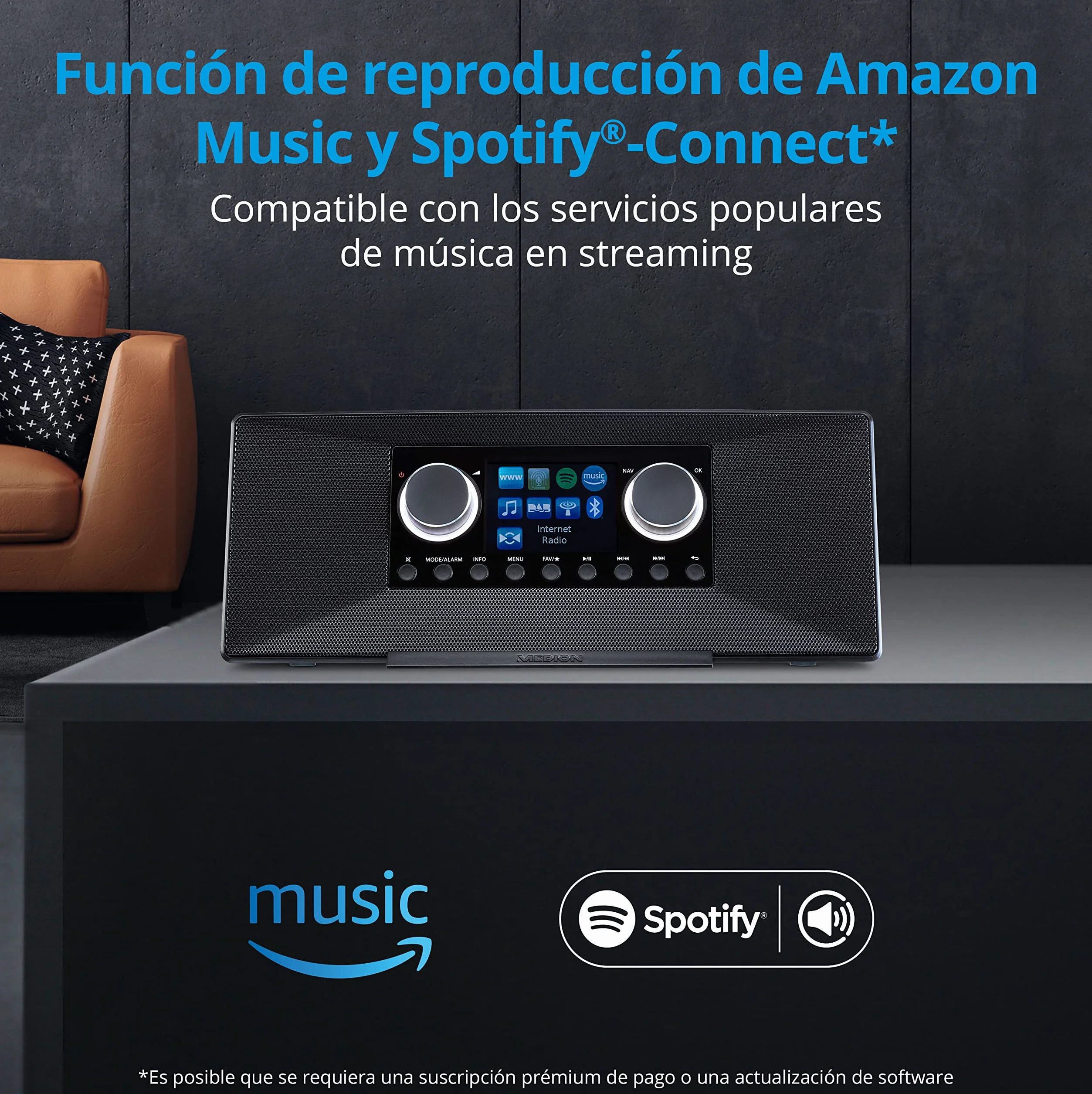 MEDION Radio por Internet P85289 con Dab+ (WiFi, FM, Spotify Connect, Amazon Music, DLNA, USB, conexión para Auriculares, AUX, LAN, Temporizador de desconexión) Negro
