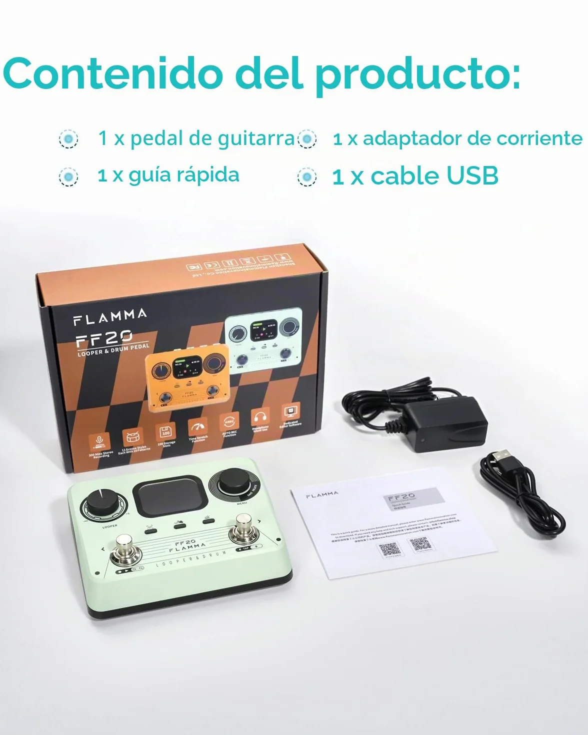 FLAMMA FF20 Looper Pedal Drum Machine, pedal de guitarra con pantalla, grabación de 300 minutos, 220 ranuras de tambor, 100 ranuras de bucle, estiramiento de tiempo, grabación automática, USB y salida