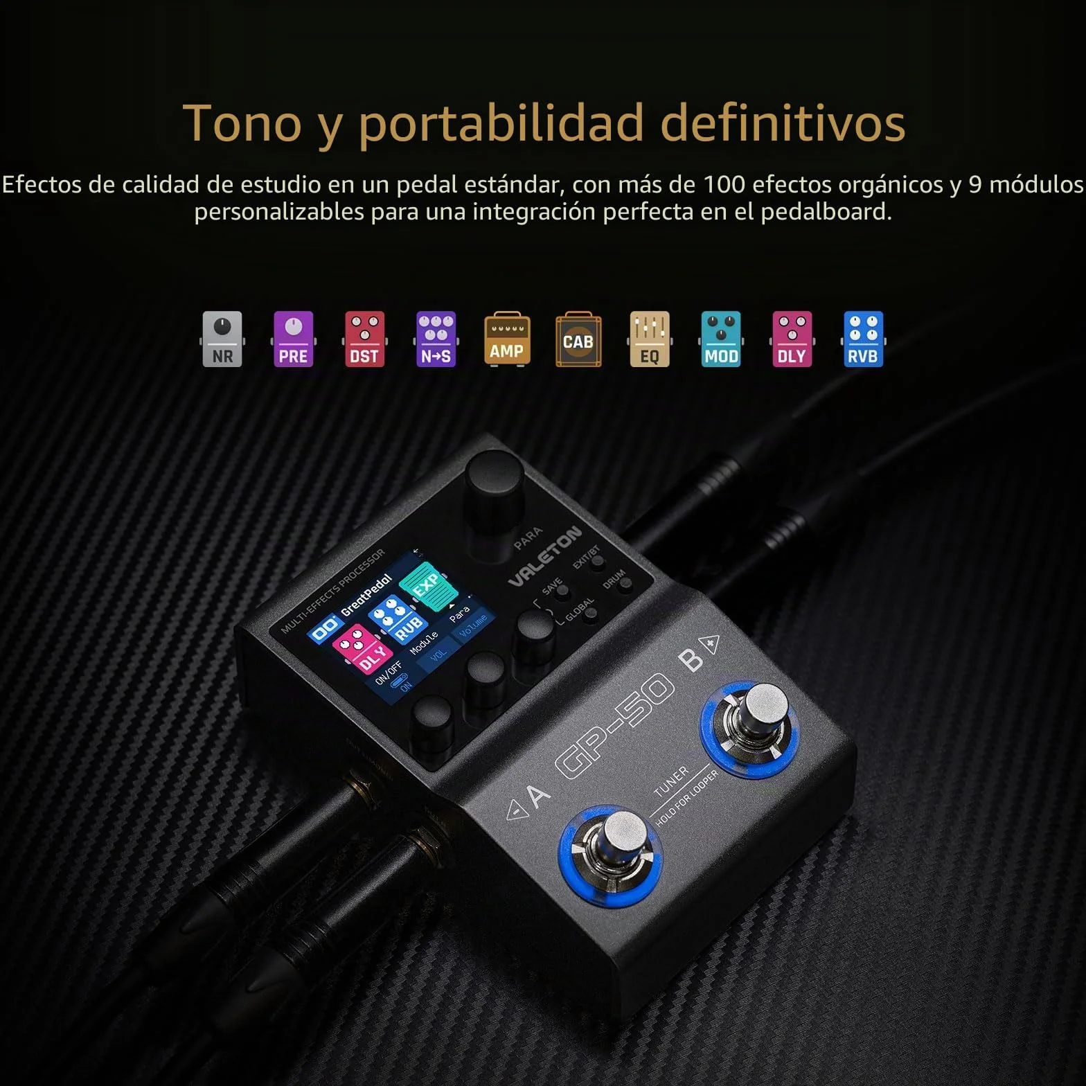 VALETON Procesador de Múltiples Efectos y Cargador NAM/IR con 100+ Efectos HD, 9 Módulos Simultáneos, Control por App BT, 100 Slots para Patches para Guitarra y Bajo GP-50