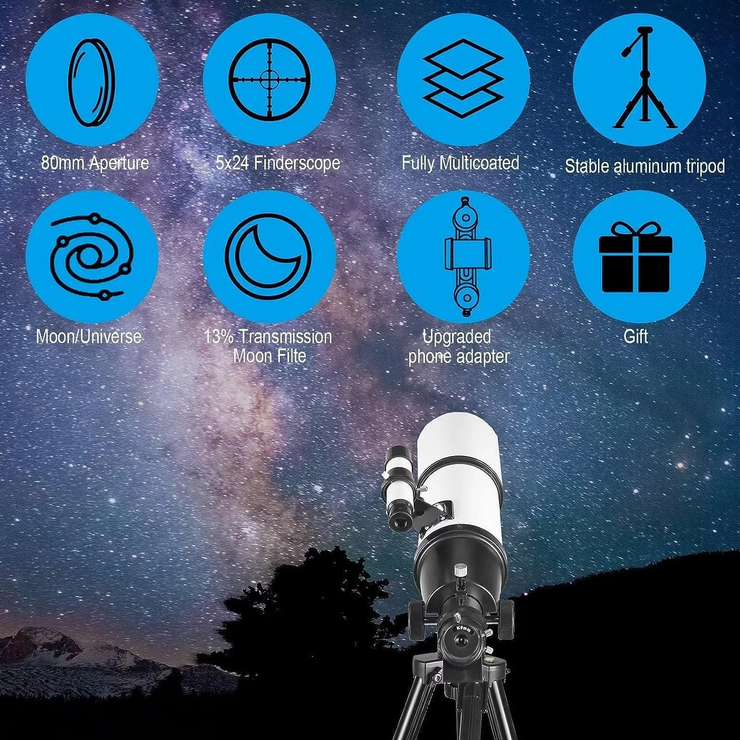 CELTICBIRD Telescopio para Adultos Principiantes en astronomía - Telescopio Refractor portátil astronómico Revestimientos de Alta transmisión Totalmente Multicapa Montaje AZ （80600）