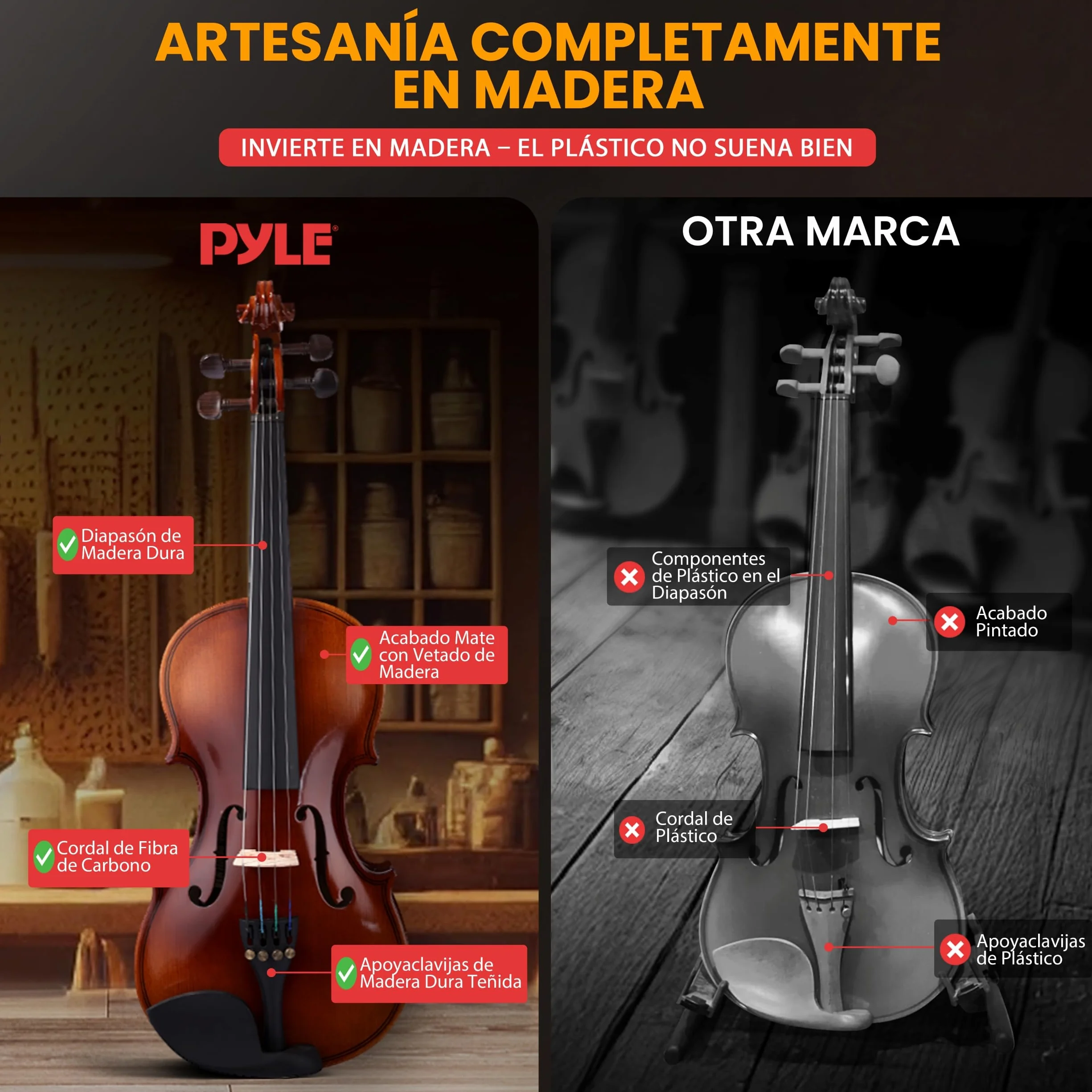 Pyle violin 4/4, Set para principiante y niños, Con estuche, Paño de limpieza, Reposabrazos ergonomico, Afinador digital, Cuerdas adicionales