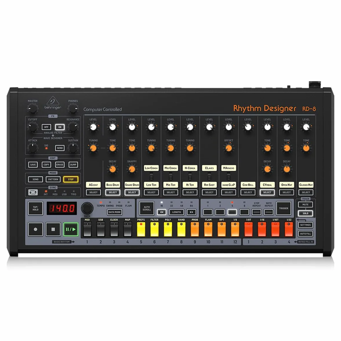 Behringer RHYTHM DESIGNER RD-8 MKII Caja de ritmos analógica clásica con 16 sonidos de batería, secuenciador de 64 pasos, diseñador de ondas y filtro de modo dual