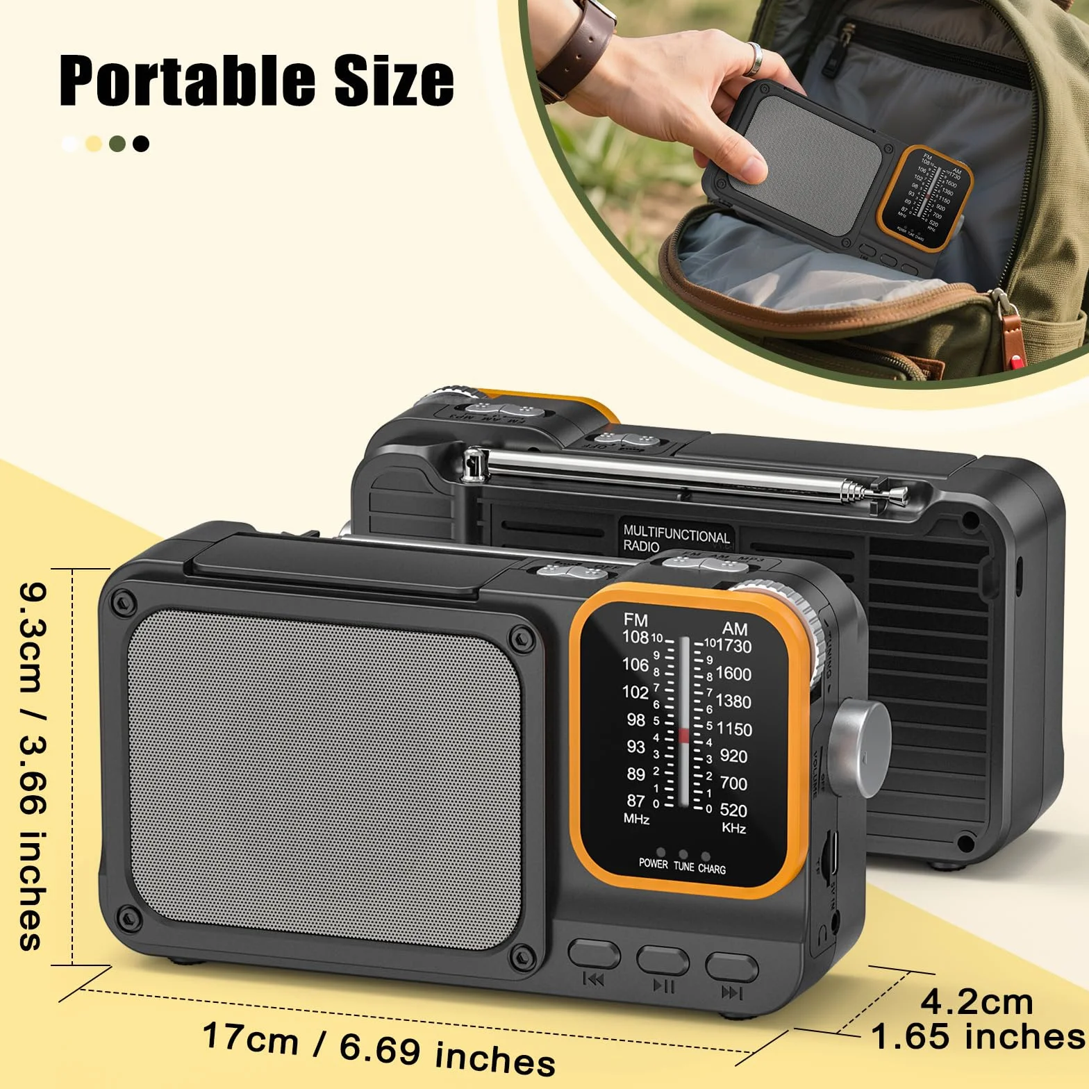 Tendak Radio portátil FM AM 2400 mAh, batería recargable, Bluetooth, TF, USB-C, lámpara