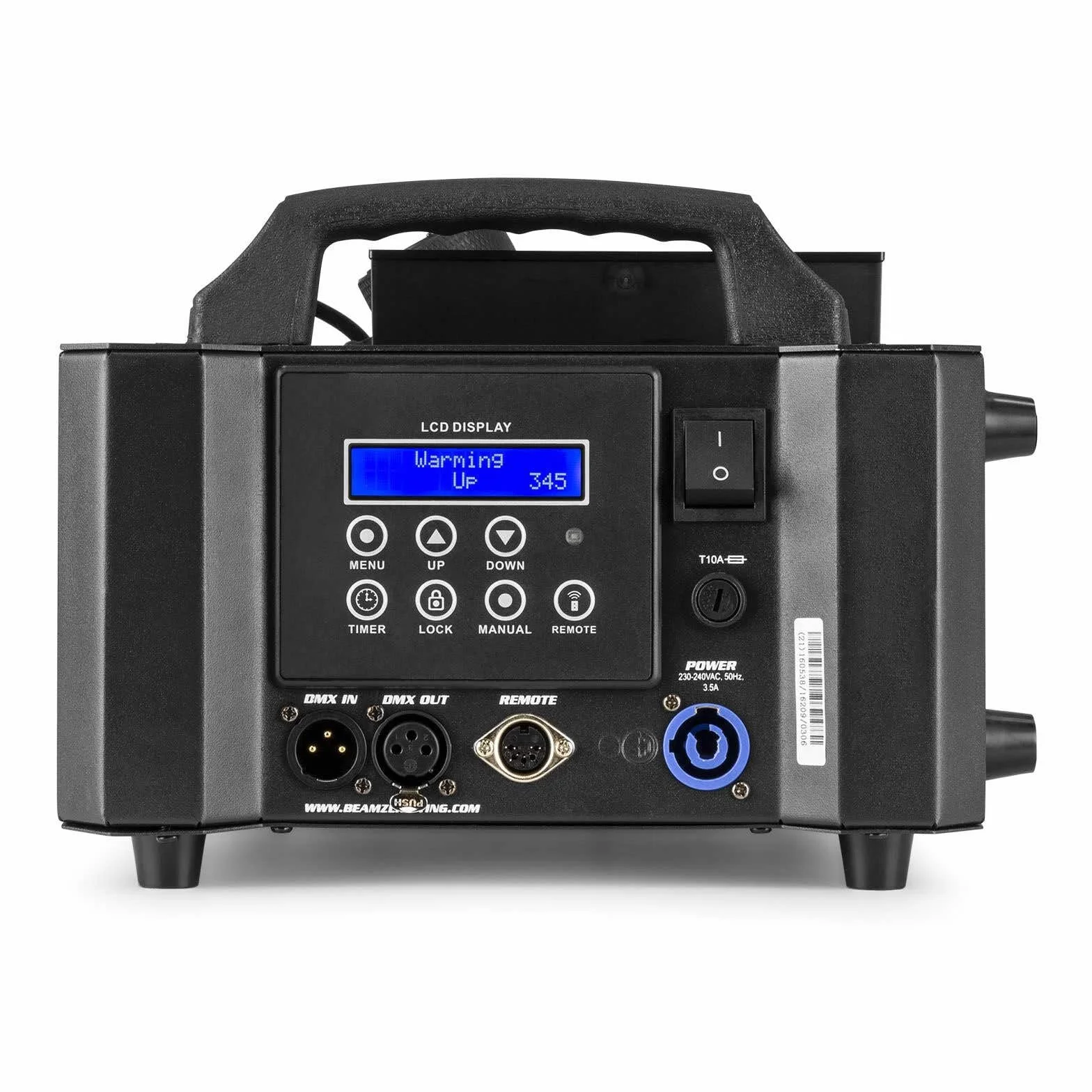 BeamZ BLAZE800 máquina de humo profesional 800W con 12 LED RGBA, control DMX 8 canales, doble emisión vertical/horizontal, tanque 2,8L, mando a distancia incluido