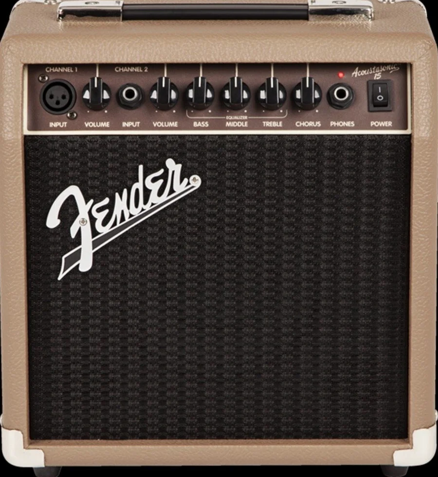 Fender Acoustasonic 15 - Amplificador de Guitarra Combinado, 15 W, Apto para Guitarra acústica, marrón, Incluye Doble Entrada (micrófono + Guitarra), para Cantante y Compositor