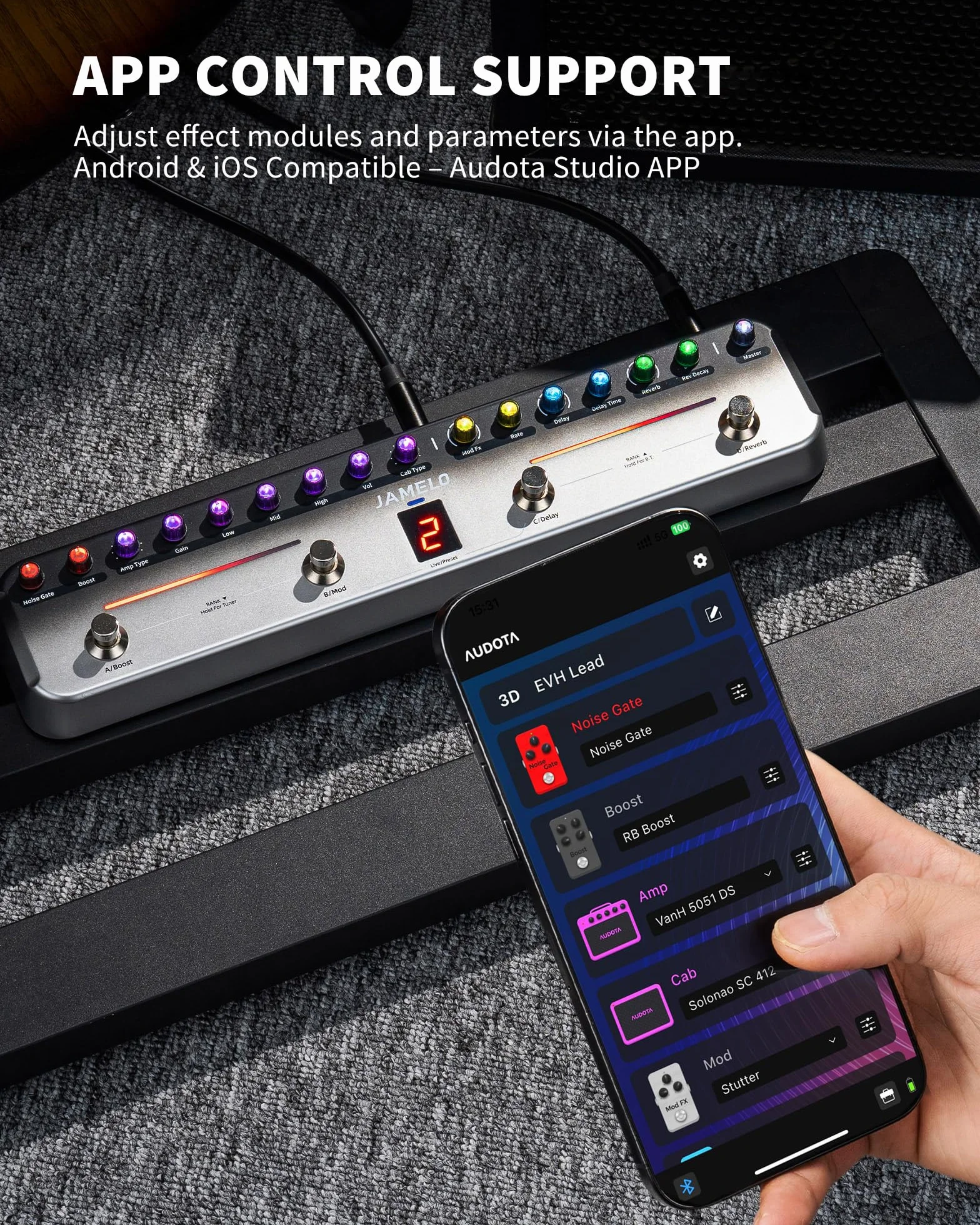Pedal de efectos múltiples, procesador de efectos de guitarra JAMELO con 8 AMP y 8 CAB, reverberación, retardo, coro, puerta, aumento, recargable, Bluetooth y grabación, control por aplicación, 40