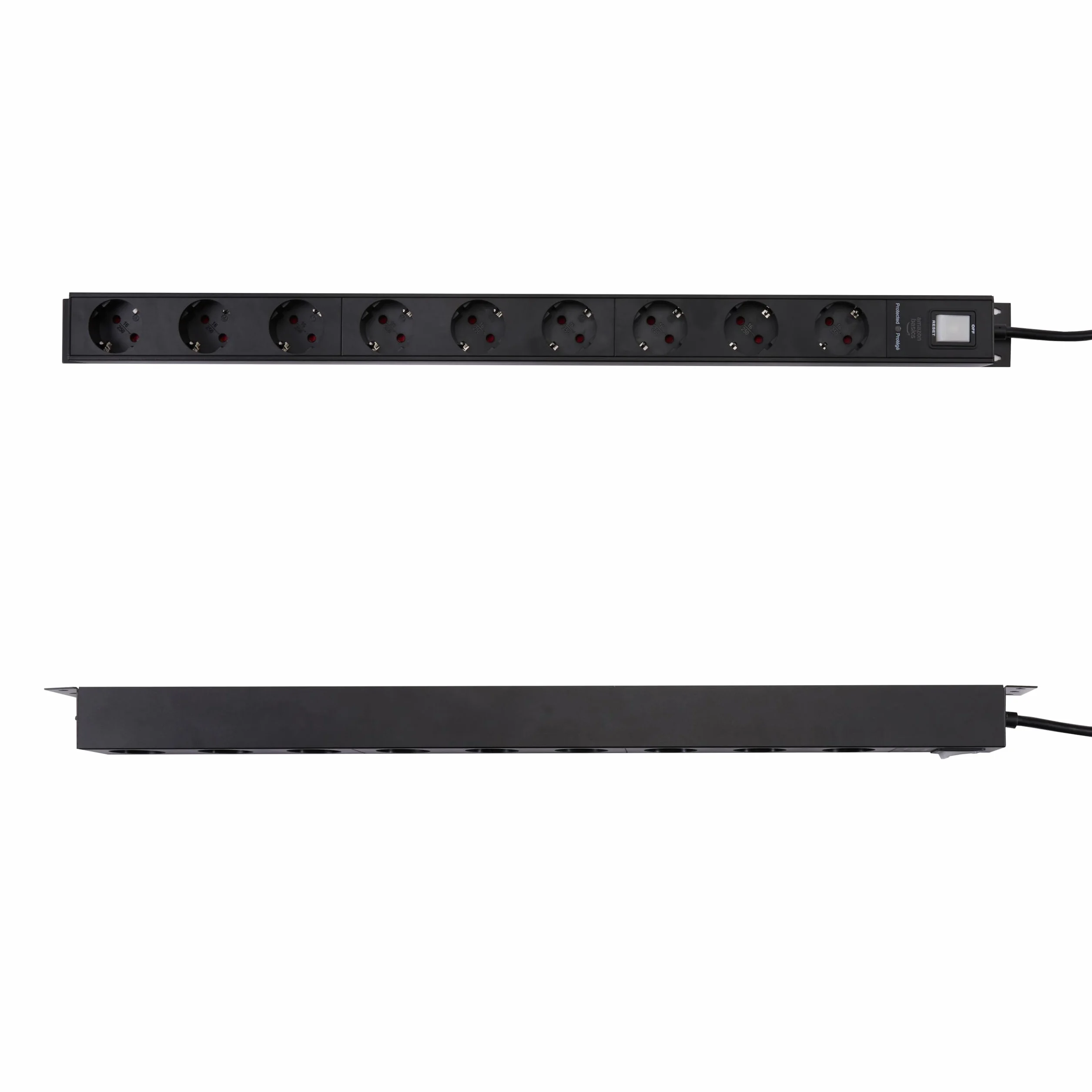 Amazon Basics Regleta de Alimentación Rectangular de Metal Resistente a Sobretensiones con Protectores de Seguridad, 9 Tomas de Corriente (Enchufe de la UE), 600 Julios, Cable Negro de 1,8 m