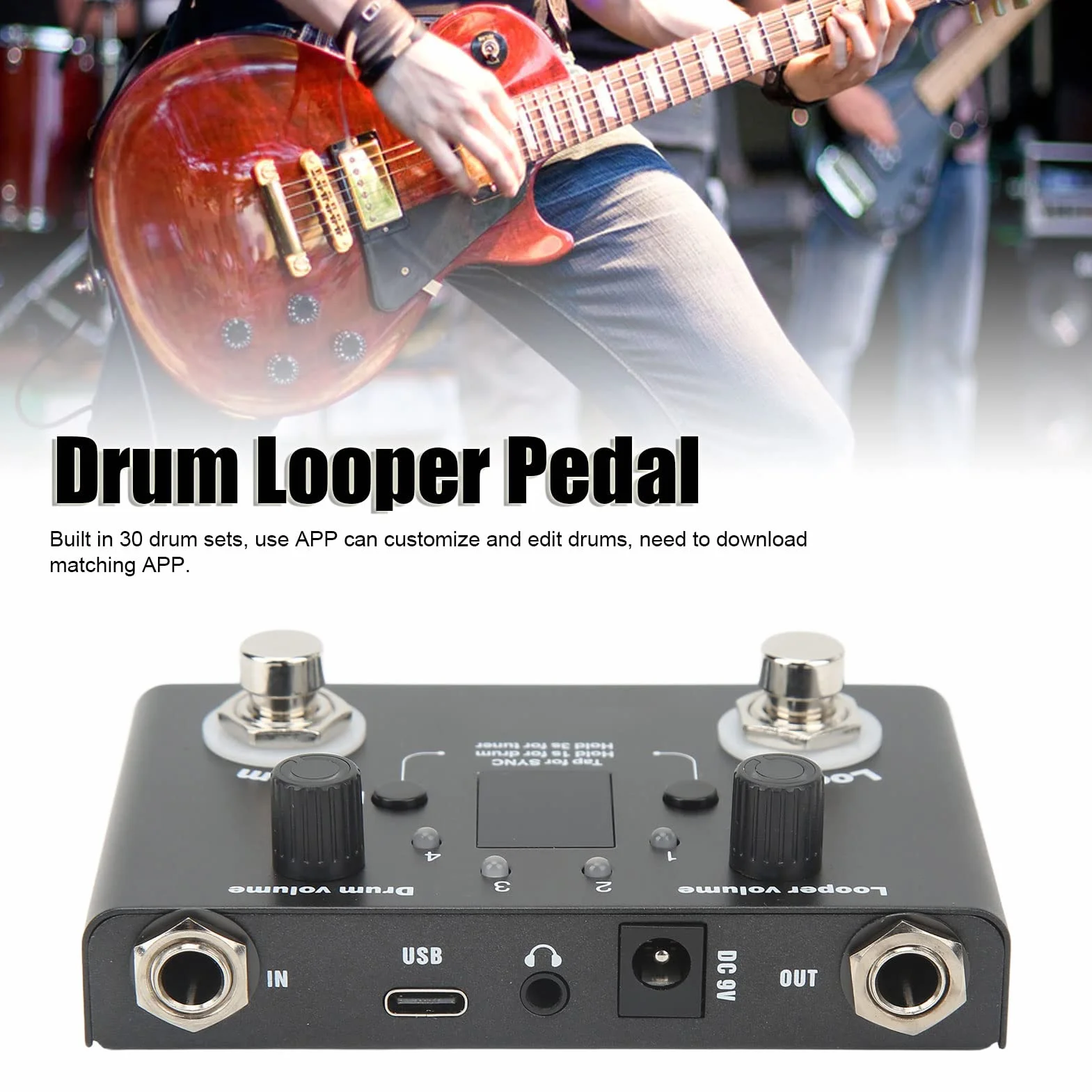 Drum Looper Pedal Professional Metal 4 Ubicaciones de Almacenamiento 11 Minutos Tiempo de Grabación con Sintonizador Incorporado para Guitarristas y Músicos Negros