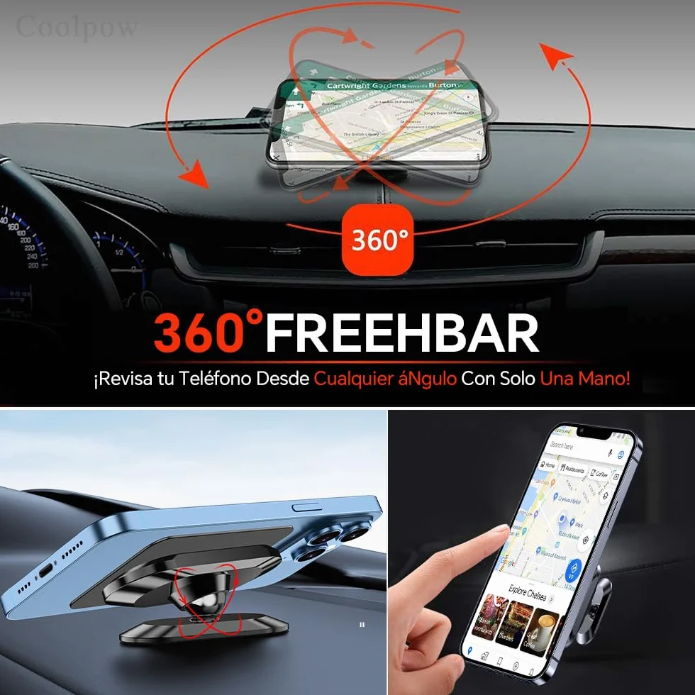 Coolpow Soporte Magnetico Movil Coche [2 Piezas],Soporte Movil Coche Iman Fuerte para Salpicadero 360°Rotación,Suporte Telemovel Carro para iPhone 17/16/15/14 & Smartphone,Incluye Placa Metal Adhesiva