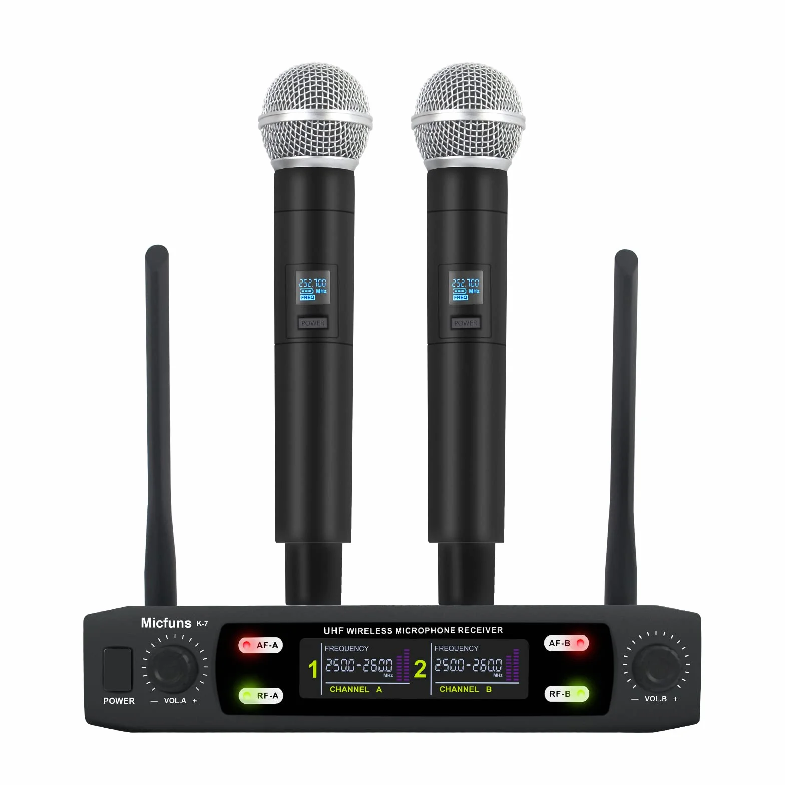K7 - Juego de micrófono profesional inalámbrico 2 portátiles VHF 230-250 MHz sistema de micrófono 100 m de distancia para karaoke, fiesta, idioma