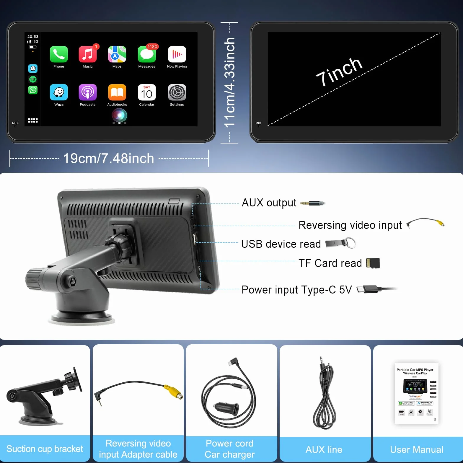 Pantalla Coche 7" Carplay HD Tactil Inalámbrica GPS Bluetooth Control por Voz Mirror Link FM Siri G-oogle