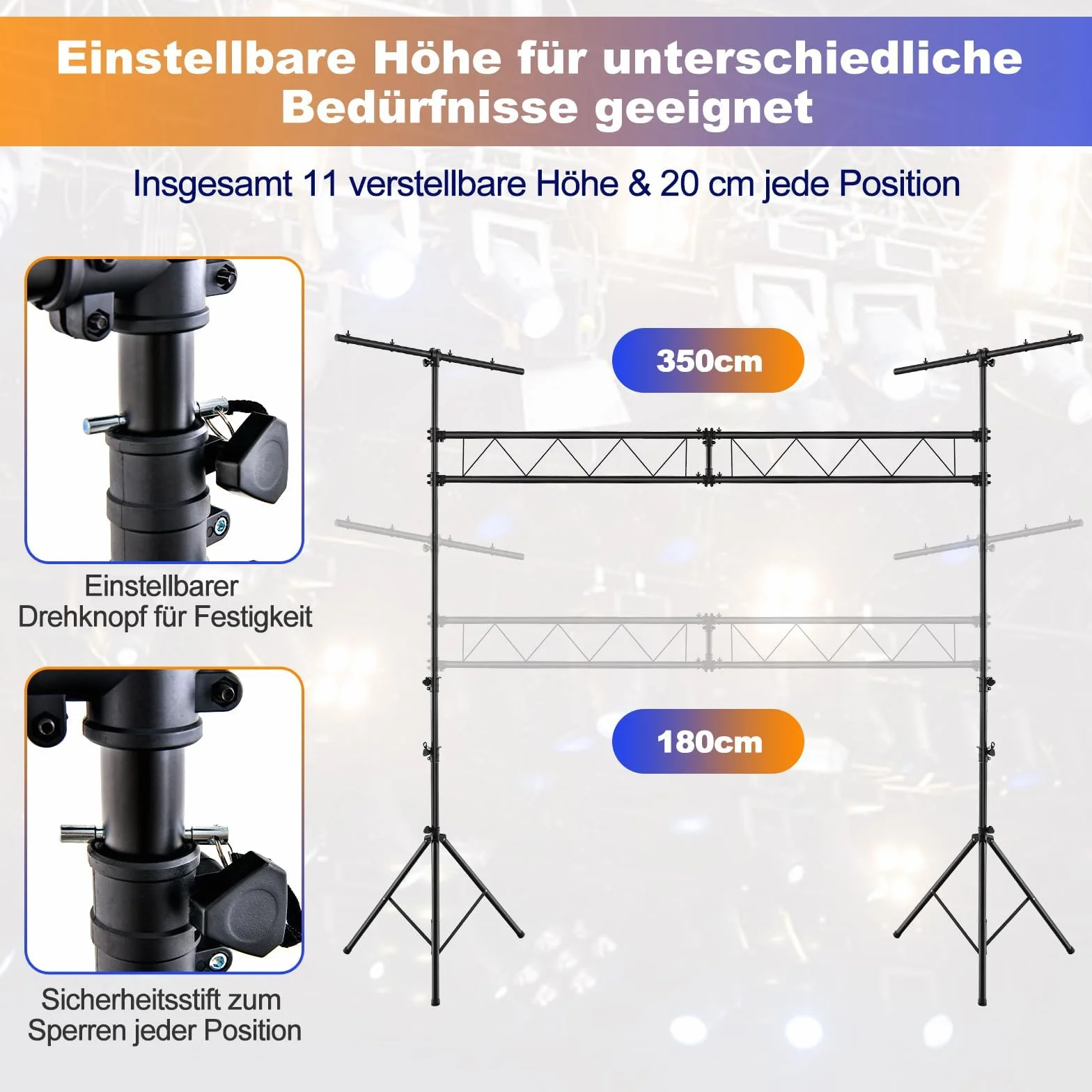 FANTASK Trípode de luz para DJ de 180 – 360 cm de Altura Regulable de Metal, con lámpara Activa, iluminación con Barras en T retráctiles, soporta hasta 100 kg, para conciertos, teatros y Fiestas, 462