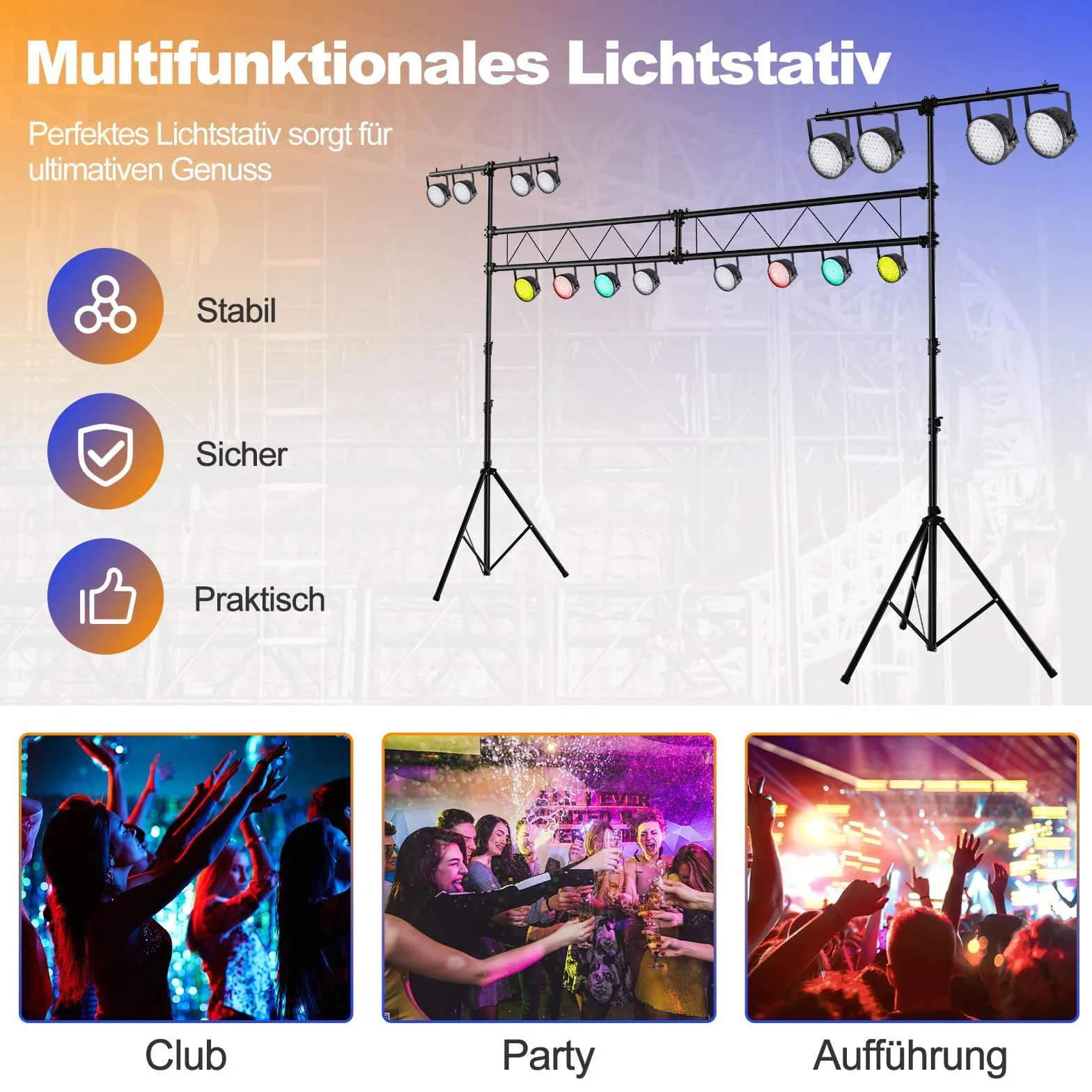 FANTASK Trípode de luz para DJ de 180 – 360 cm de Altura Regulable de Metal, con lámpara Activa, iluminación con Barras en T retráctiles, soporta hasta 100 kg, para conciertos, teatros y Fiestas, 462