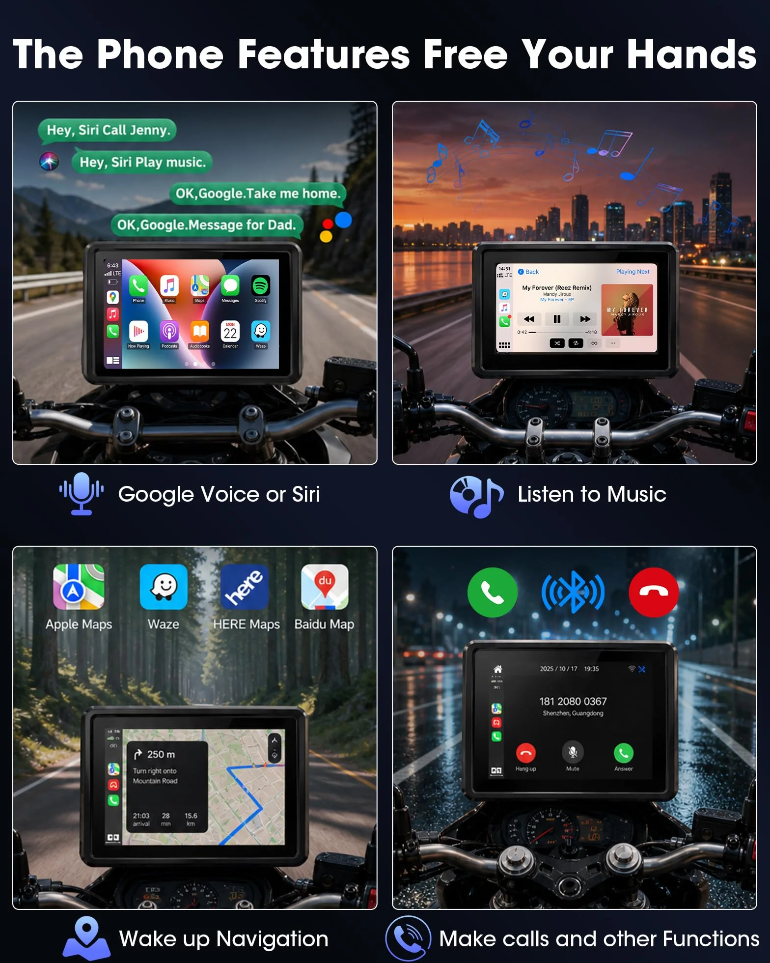Universal Carplay Moto Soporte Adaptador Corriente GPS Navegador 5 Pulgadas Pantalla Táctil Impermeable 1000 nit Android Auto