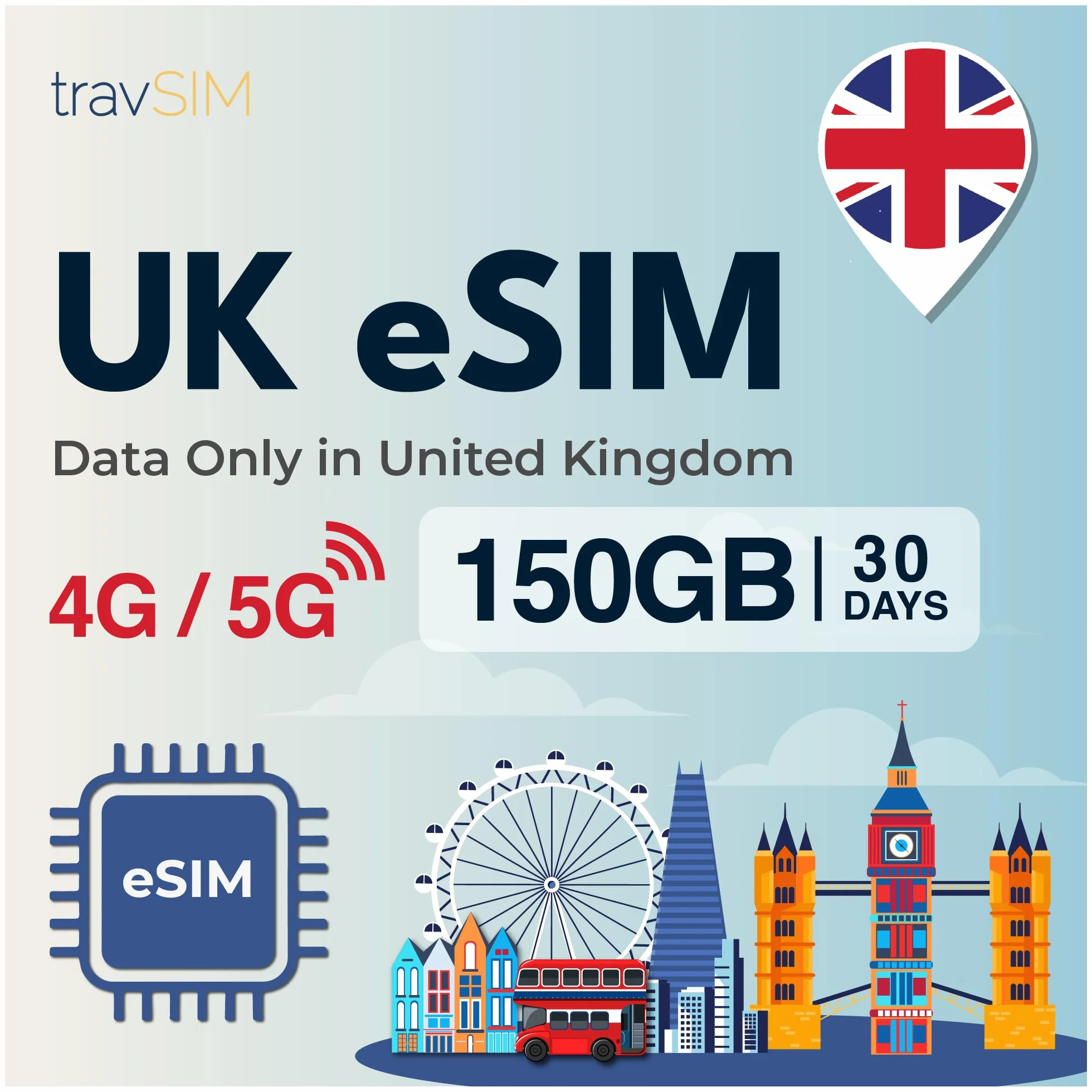 travSIM UK eSIM 150GB 4G/5G Datos 30 Días