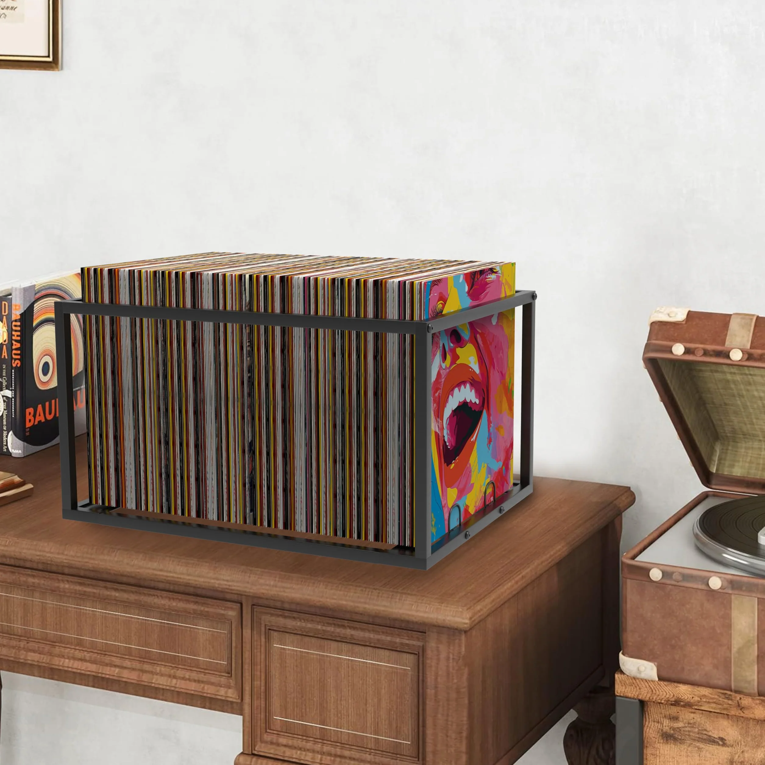 Almacenamiento de discos de vinilo sobre ruedas, estructura de metal resistente, capacidad para hasta 100 álbumes, elegante organizador para tu colección de vinilos