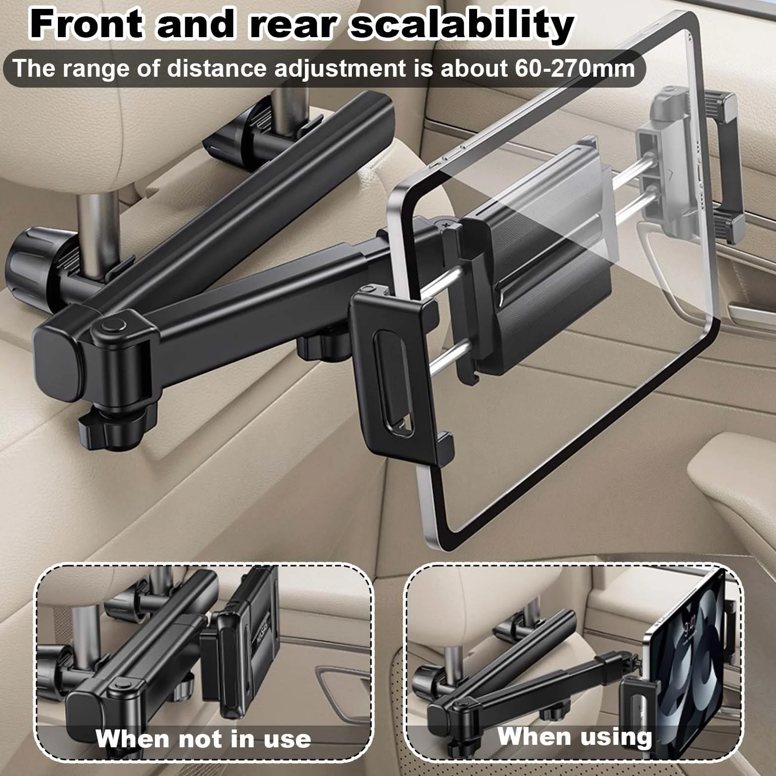 Soporte Tablet Coche Reposacabezas, 360° Rotación Soporte iPad Coche, Soportes Extensible Tablet Carro con Brazo de Extensión Plegable para Todos los Dispositivos de 5,4-13,2 Pulgadas