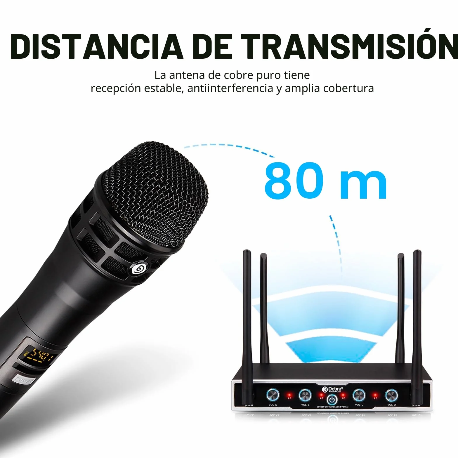 D Debra Micrófono inalámbrico Profesional DU4004 UHF – Sistema de 4 Canales con 16 Frecuencias Ajustables y Pantalla – 4 micrófonos de Mano para discursos, Iglesias y Fiestas
