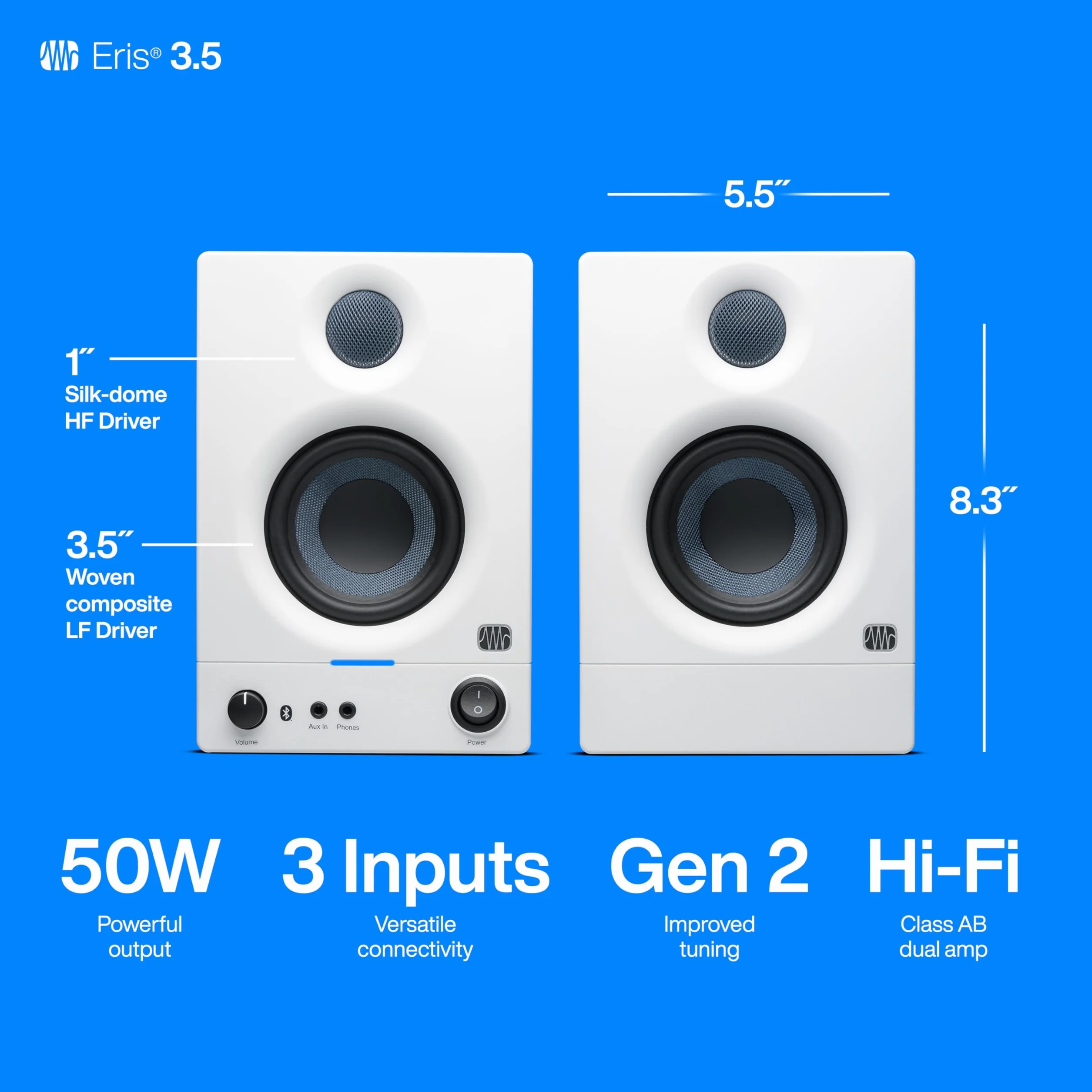 PreSonus Eris 3.5BT Gen 5.1 cm - Altavoces para Monitor de Estudio con Bluetooth, par, 3.5 Pulgadas, 2 vías, Altavoces de Escritorio alimentados para Multimedia, Juegos, producción de música con