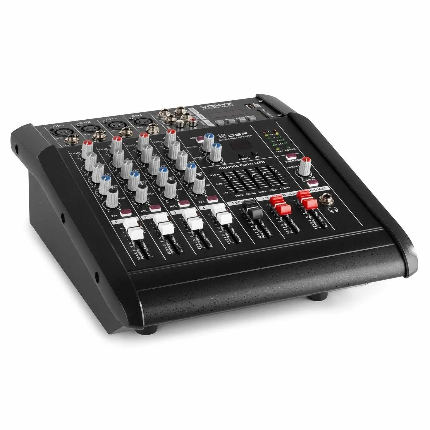 VONYX AM5A Mezclador de 5 canales con amplificador incorporado,DSPde efectos, Bluetooth para transmitir audio inalámbricamente, puerto SD y USB para MP3, amplificador interno de 500W x 2 a 8 ohmios