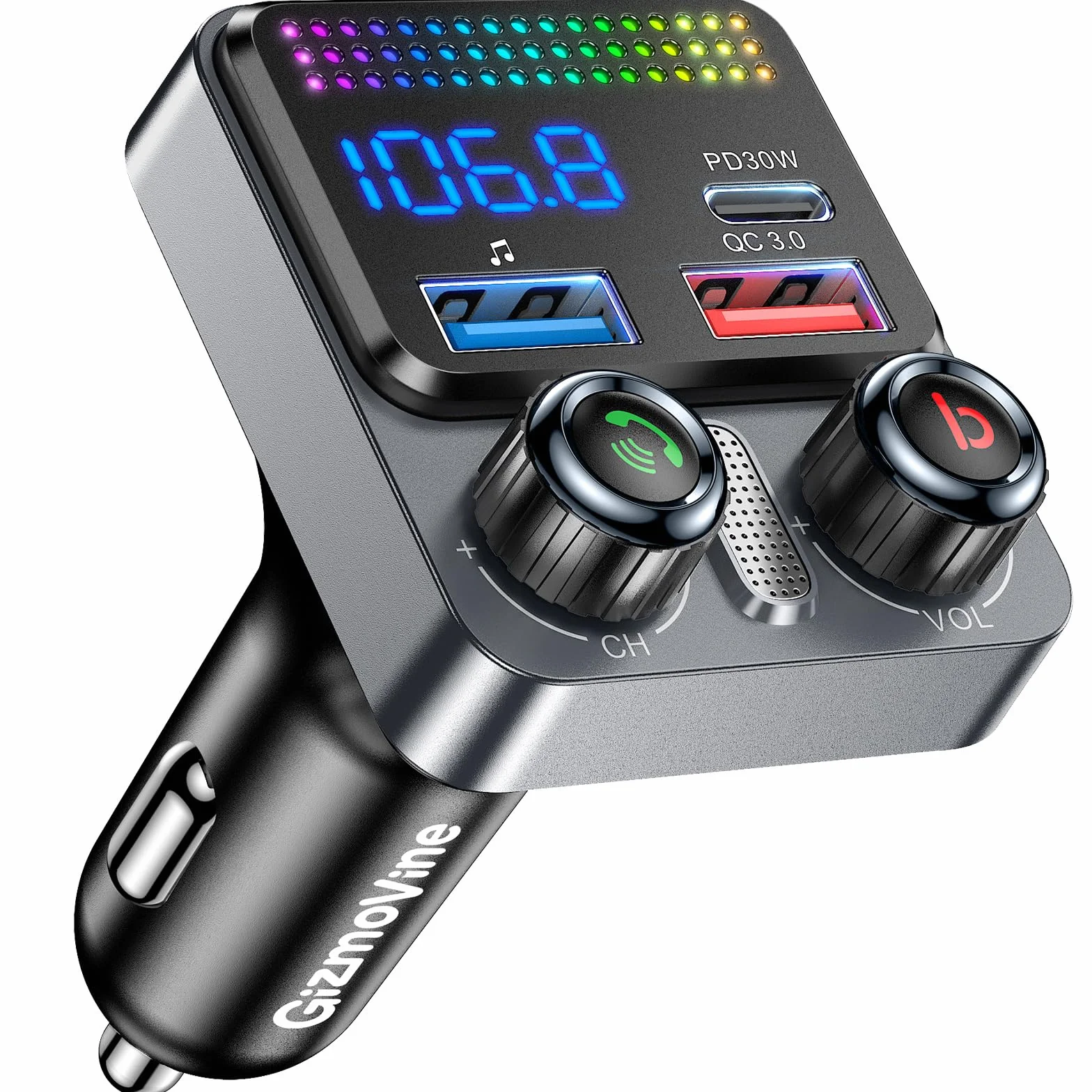 GizmoVine Transmisor FM para Coche, Adaptador Bluetooth 5.4 48W, 3 Puertos Carga (PD 30W + QC 18W), Música Inalámbrica, Grave Profundo, Manos Libres, Asistente de Voz, Pen Drive, 12V/24V