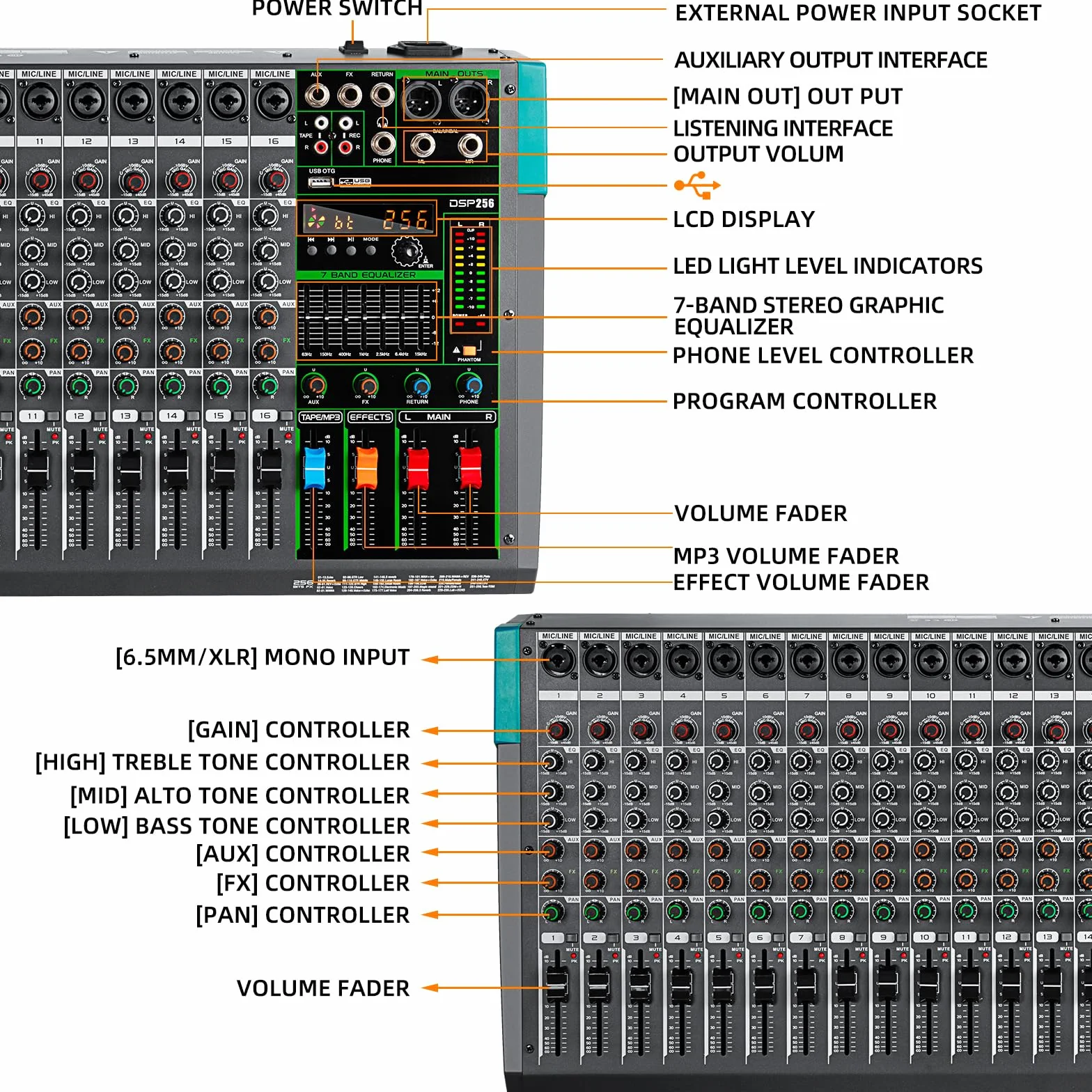 Depusheng PA16 mezclador profesional consola de interfaz de sistema de escritorio 16 canales digital USB Bluetooth MP3 48V alimentación fantasma incorporada 256 efecto de reverberación