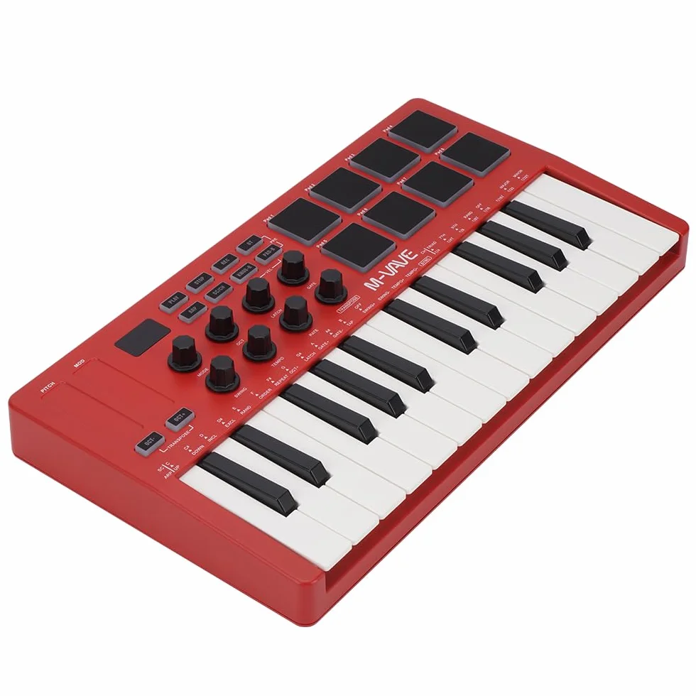 M-VAVE SMK-25RD - Teclado Controlador MIDI USB de 25 Teclas con 8 Pads de Batería Retroiluminados, Bluetooth, 8 Teclas, Teclas Dinámicas Profesionales, Rojo