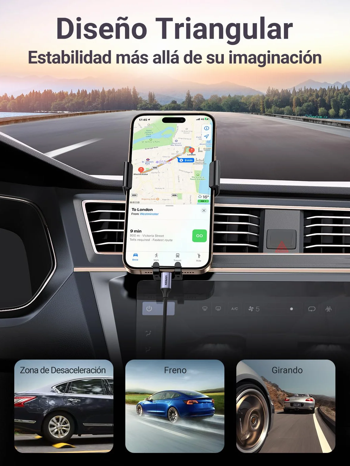 UGREEN Soporte Móvil Coche por Gravedad, Soporte para Ventilación, Car Phone Holder Universal, iPhone 17/17 Air/17 Pro/17 Pro Max/16/15, Galaxy S25/S25 Ultra/S25+, Gris