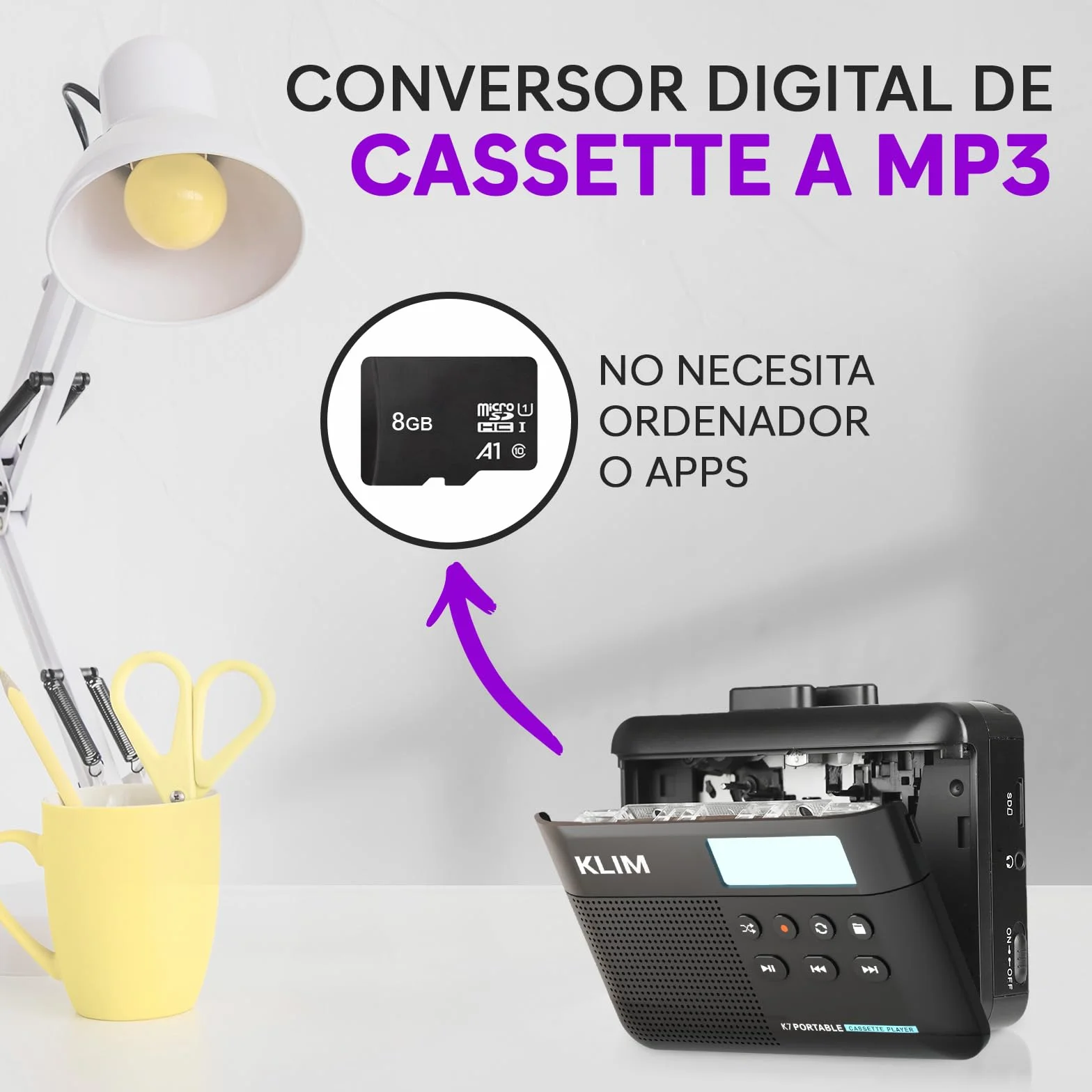 KLIM K7 Reproductor Cassette Portátil a MP3 con Micrófono y Altavoz Integrados, Batería Recargable, Auriculares, Tarjeta SD 8 GB Negro