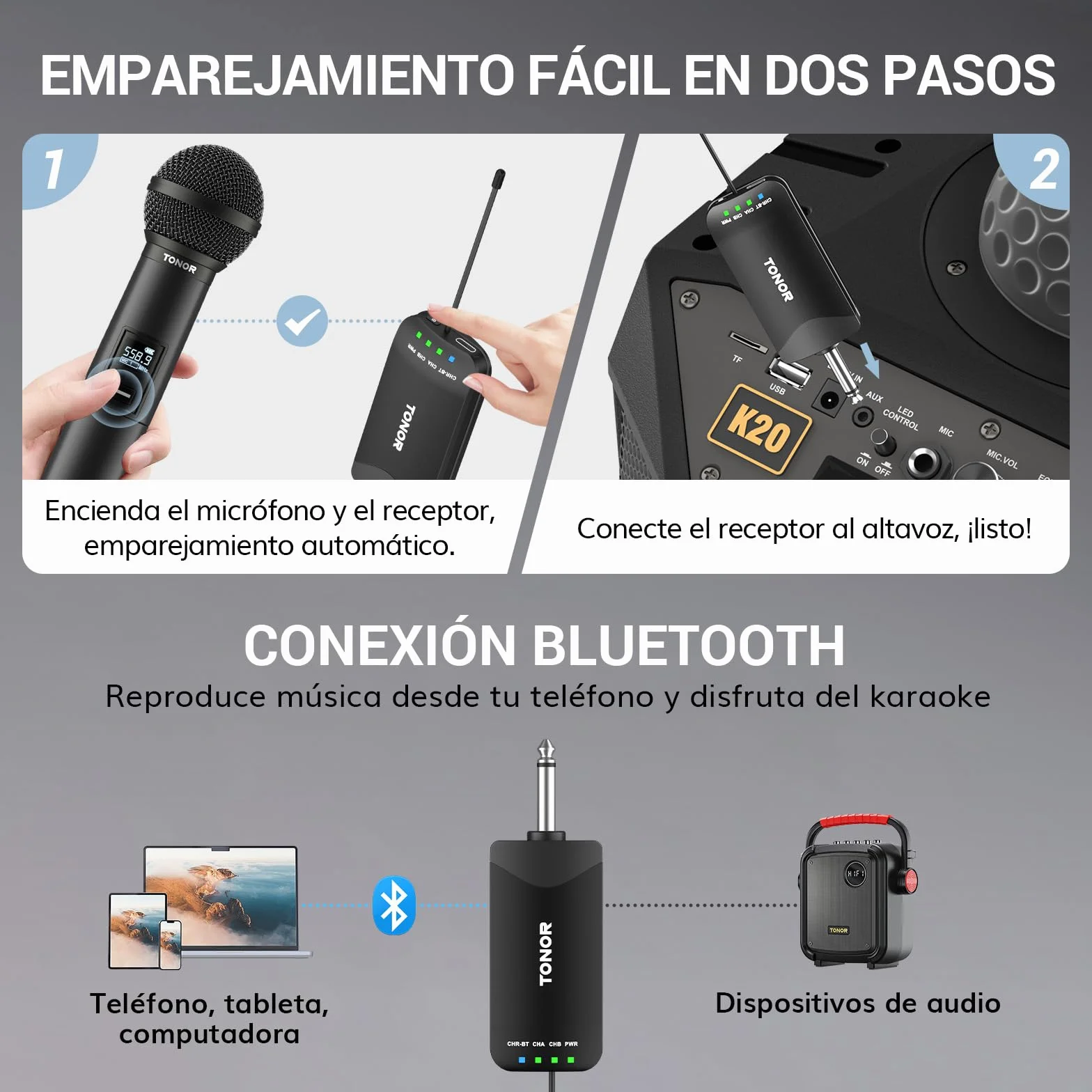 TONOR Micrófono Inalámbricos, Micrófono Metálico Dinámico de Mano Recargable, Receptor de Entrada Bluetooth Auto-Pair, 2x25 Frecuencias UHF,Clic para Silenciar, para Canto/DJ/Boda/Iglesia,100 M, TW720