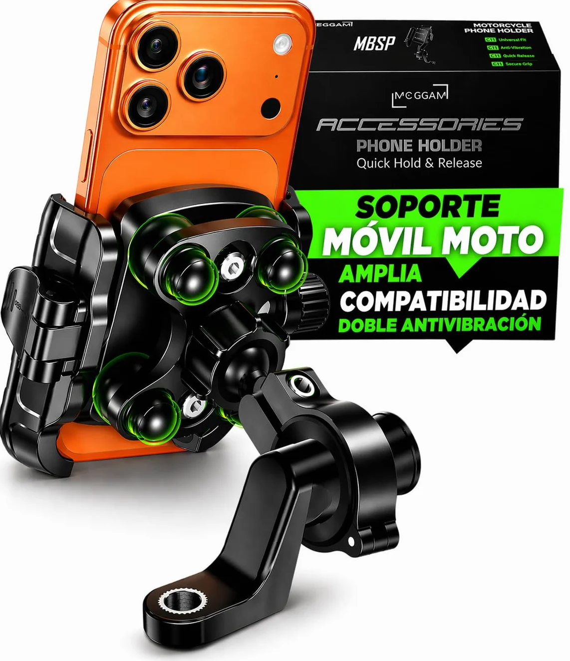 Soporte Móvil Moto Antivibración Aluminio CNC Liberación Rápida Rotación 360° Montaje Manillar 22-32mm Espejo 12-14mm Compatible Scooter Bicicleta