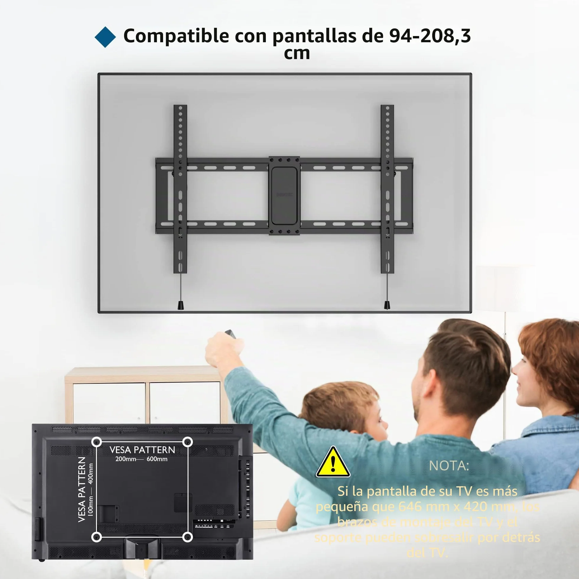BONTEC Soporte TV Pared Inclinable 37-82 Pulgadas Plana Curva LED LCD, Capacidad 60 kg, VESA 600x400 mm, Nivel Burbuja Brida Cables