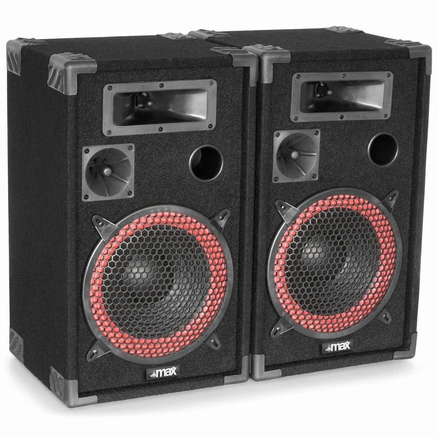 MAX XEN-3508 - Altavoces pasivos PA 500W de 3 vías con woofer 8", Trompeta de Alta dispersión, Carcasa de Madera y Asas, Ideal para DJs Principiantes y Sonido doméstico o portátil