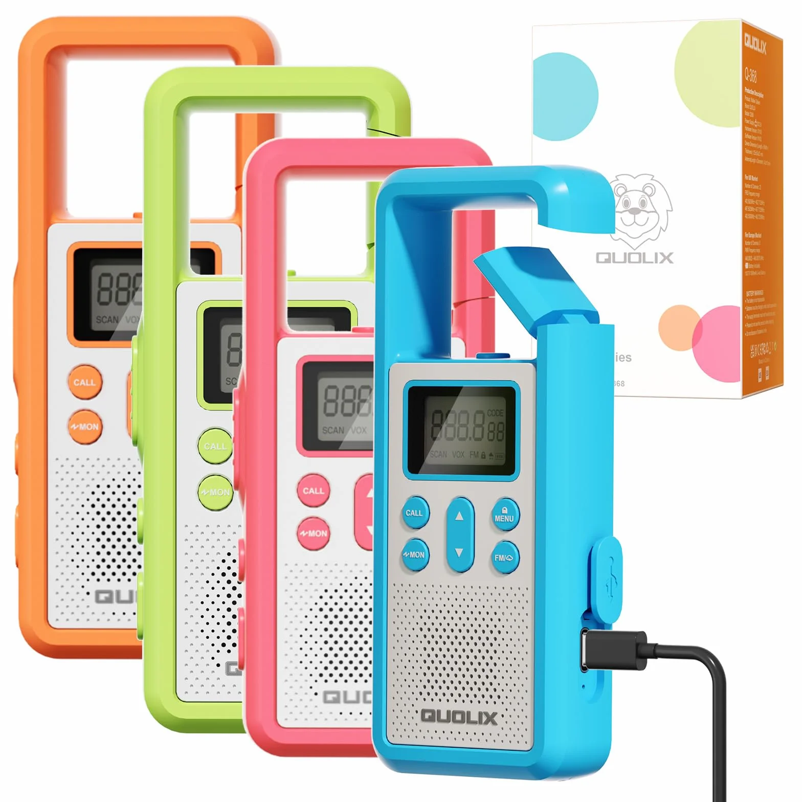 Walkie Talkie Largo Alcance, QUOLIX 4pcs Profesional USB Recargable con Batería Incorporada 8 Canales Radio - Fácil Emparejamiento Alerta SOS Activado por Voz VOX LED Linternas para Adultos Niños