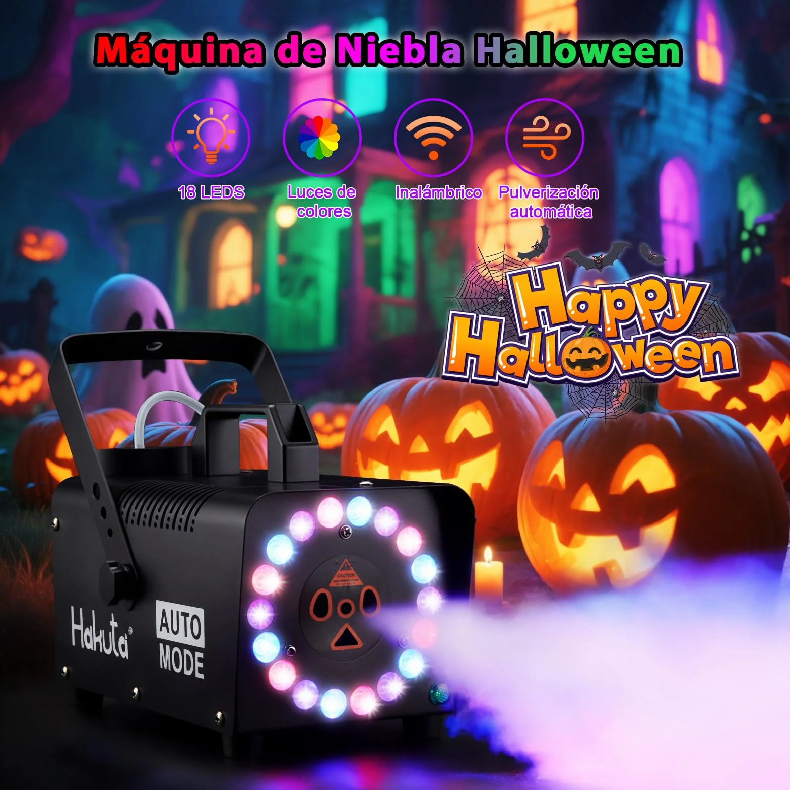 Hakuta Máquina de Niebla con 18 Luces LED, Mando a Distancia, Función Automática - Efecto Humo para Fiestas, Eventos en Interiores, Decoración Hogar (Negro)