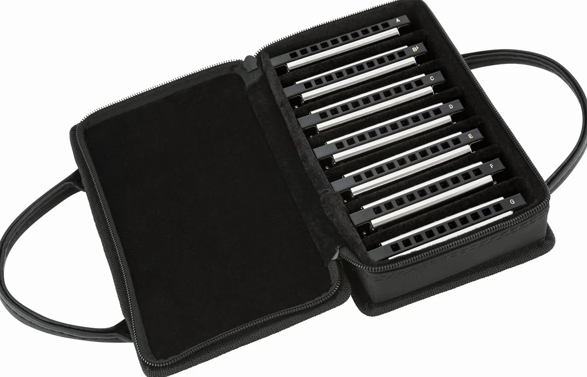 Fender Blues Deluxe Set de Armónicas, Paquete de 7, Cubiertas de Metal Cromado, Sonido Clásico y Brillante, Diversas Tonalidades, Incluye Estuche, Níquel