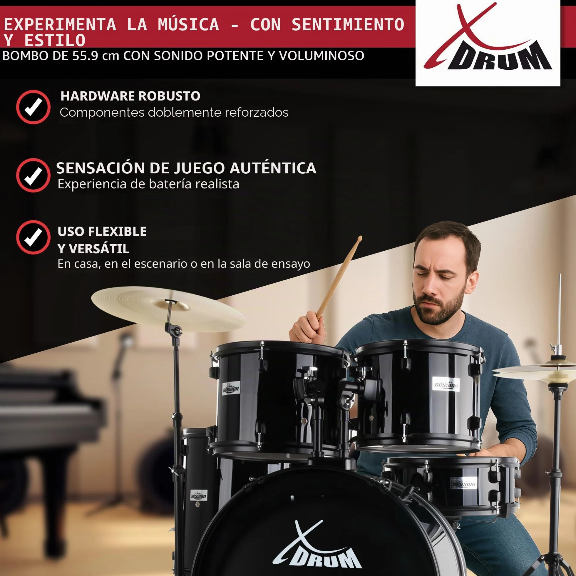 XDrum Rookie 22" Fusion Set Completo de Batería Black - Ideal para Principiantes - Hardware Estilizada en Negro - Incluye Baquetas, Manual de Montaje y Escuela de Batería - Negro