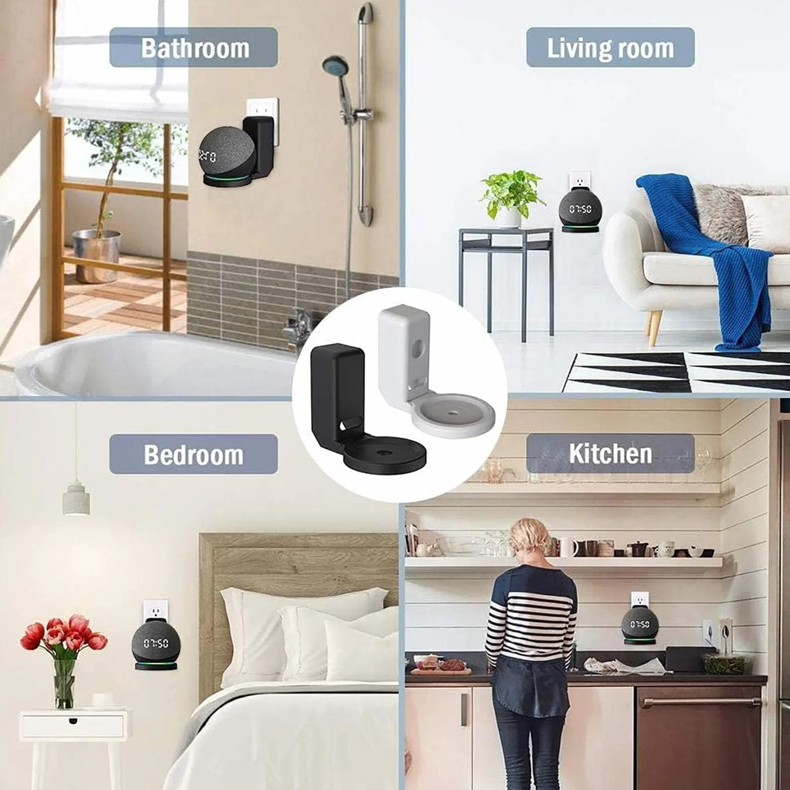 ELLENNE Soporte de pared Echo Dot (4ª y 5ª generación) de pared – Ahorra espacio ocultar cables – Sin tornillos – Soporte para cocina, baño, dormitorio – Negro y blanco (negro)