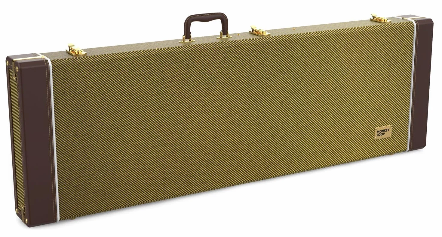 MONKEY LOOP Woodland Tweed - Estuche de Madera para Guitarra Eléctrica - Funda Rígida para Guitarra - Bolsillo Interior para Accesorios - Asa Ergonómica con Agarre Cómodo - Diseño Clásico