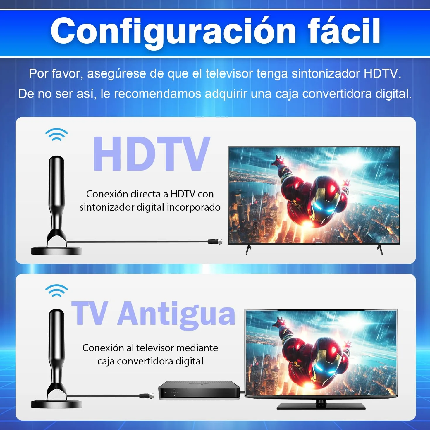 Antena TV Interior HD DVB-T2/DVB-T 4K/1080p Recepción 360° Base Magnética Fuerte