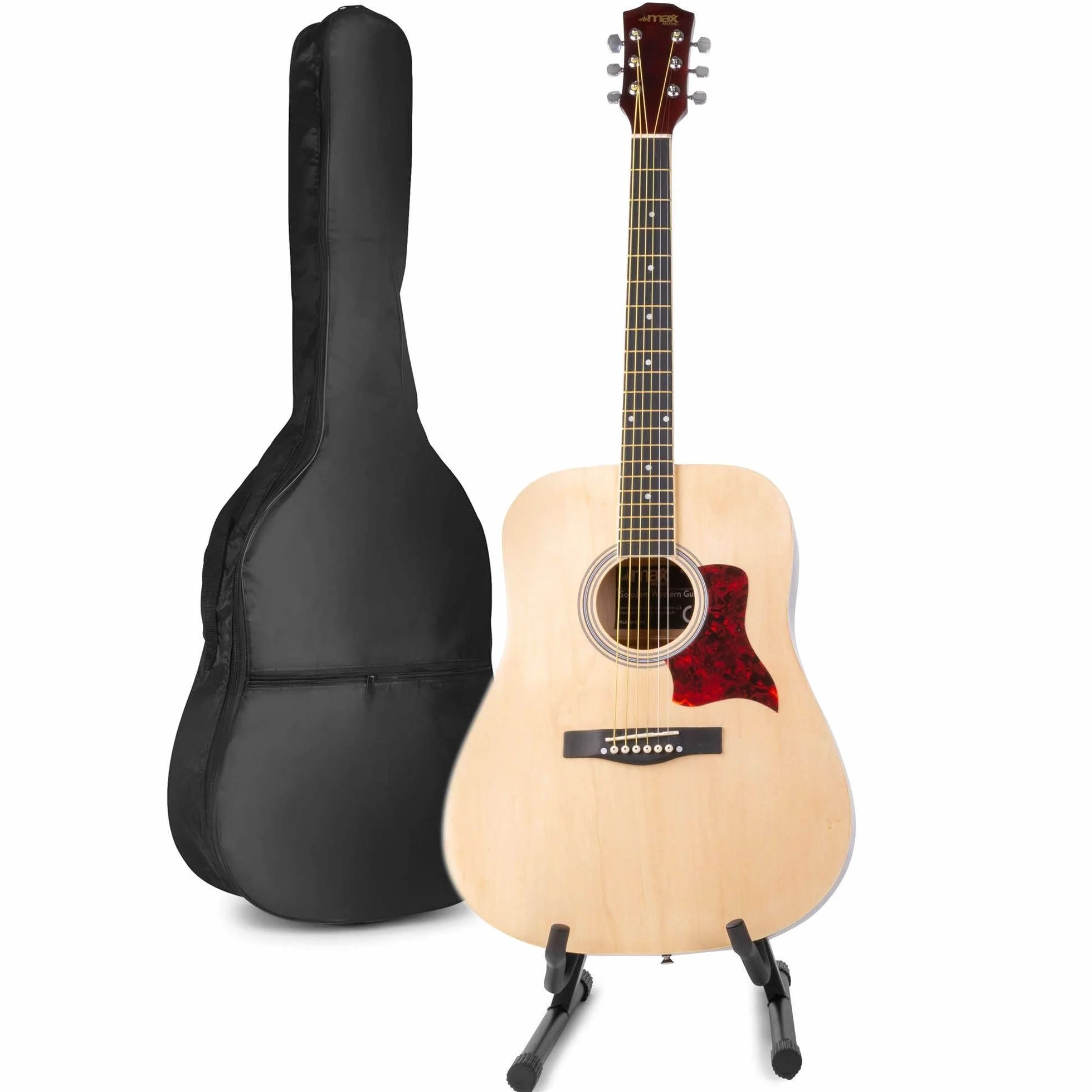 MAX SoloJam Guitarra Acústica Madera Natural – Set Completo para Principiantes con Soporte, Afinador, Bolsa, Cuerdas, Correa y Púas – Ideal para Niños desde 8 Años y Adultos