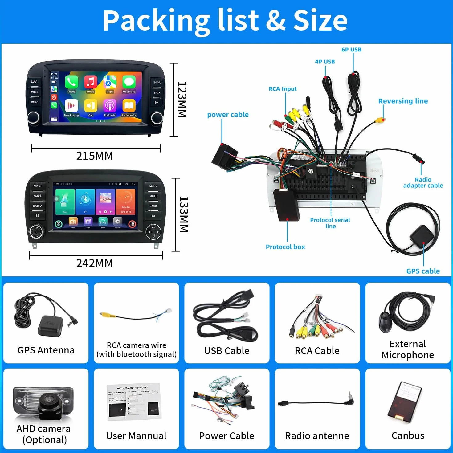 Navi 7 pulgadas pantalla Android Auto Radio con CarPlay & Android Auto, Wi-Fi, Bluetooth, RDS FM/AM, cámara de visión trasera para Mercedes-Benz SL R230 SL 55AMG SL63AMG SL65AMG SL280 SL300 SL350