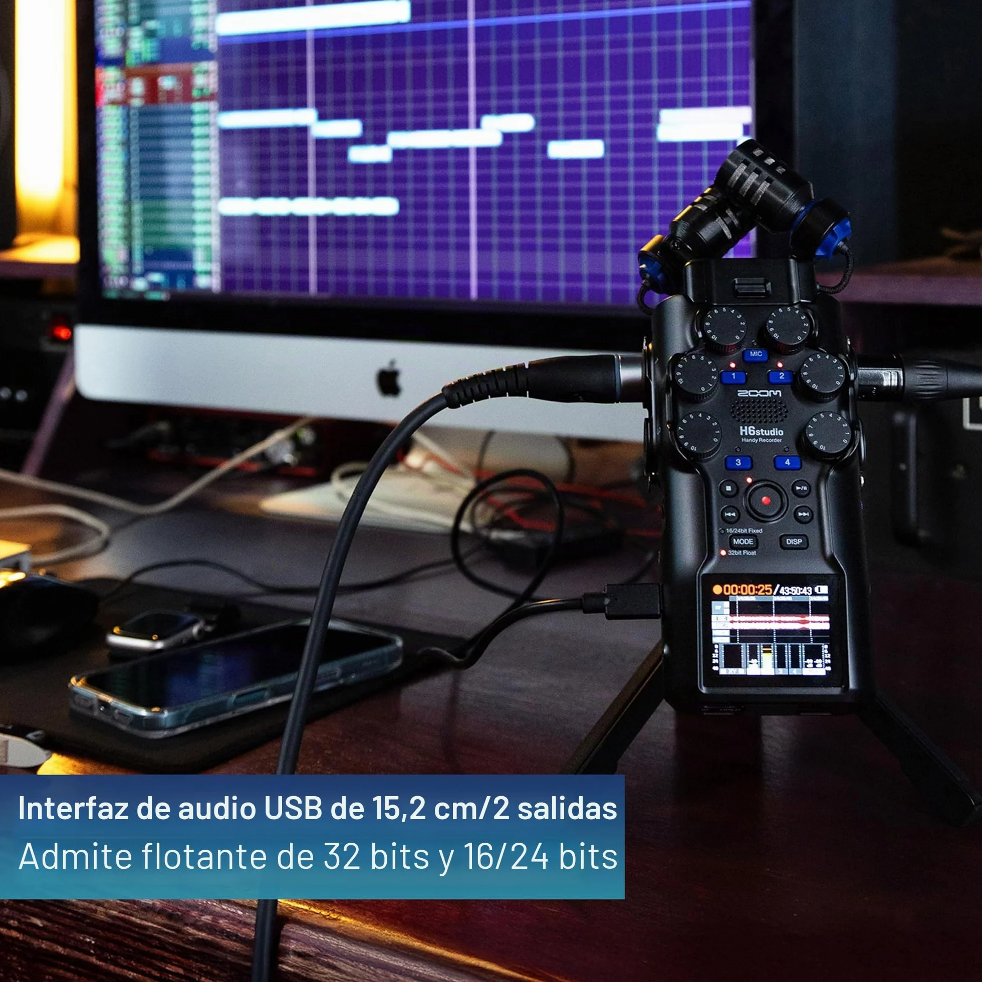 Zoom - H6Studio - Grabadora de 6 pistas a 32 bits coma flotante de 192 kHz con modo 16/24 bits, ganancia, limitadores, cápsula XYH-5e, modo de interface de audio Mac, PC, iOS, Android