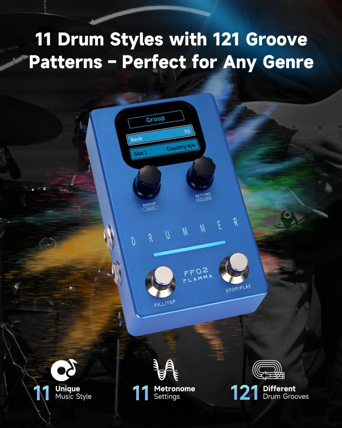 FLAMMA FF02 - Pedal de guitarra para máquina de tambor, 121 ranuras de tambor, 11 géneros musicales, ritmo personalizable, E/S estéreo para uso en vivo y estudio