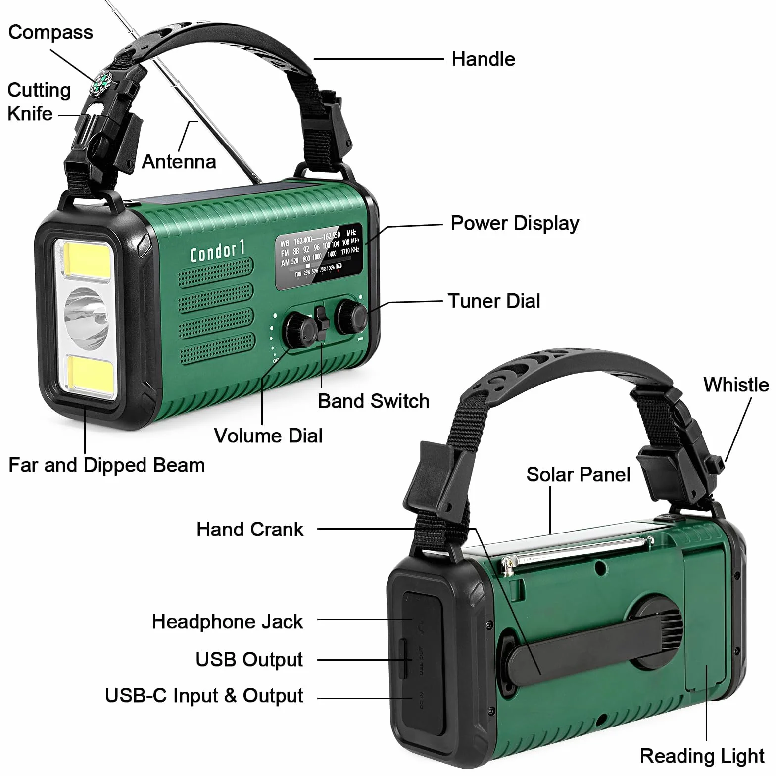 Radio de Emergencia 20000 mAh Solar de Manivela AM/FM con Cargador Teléfono SOS Linterna