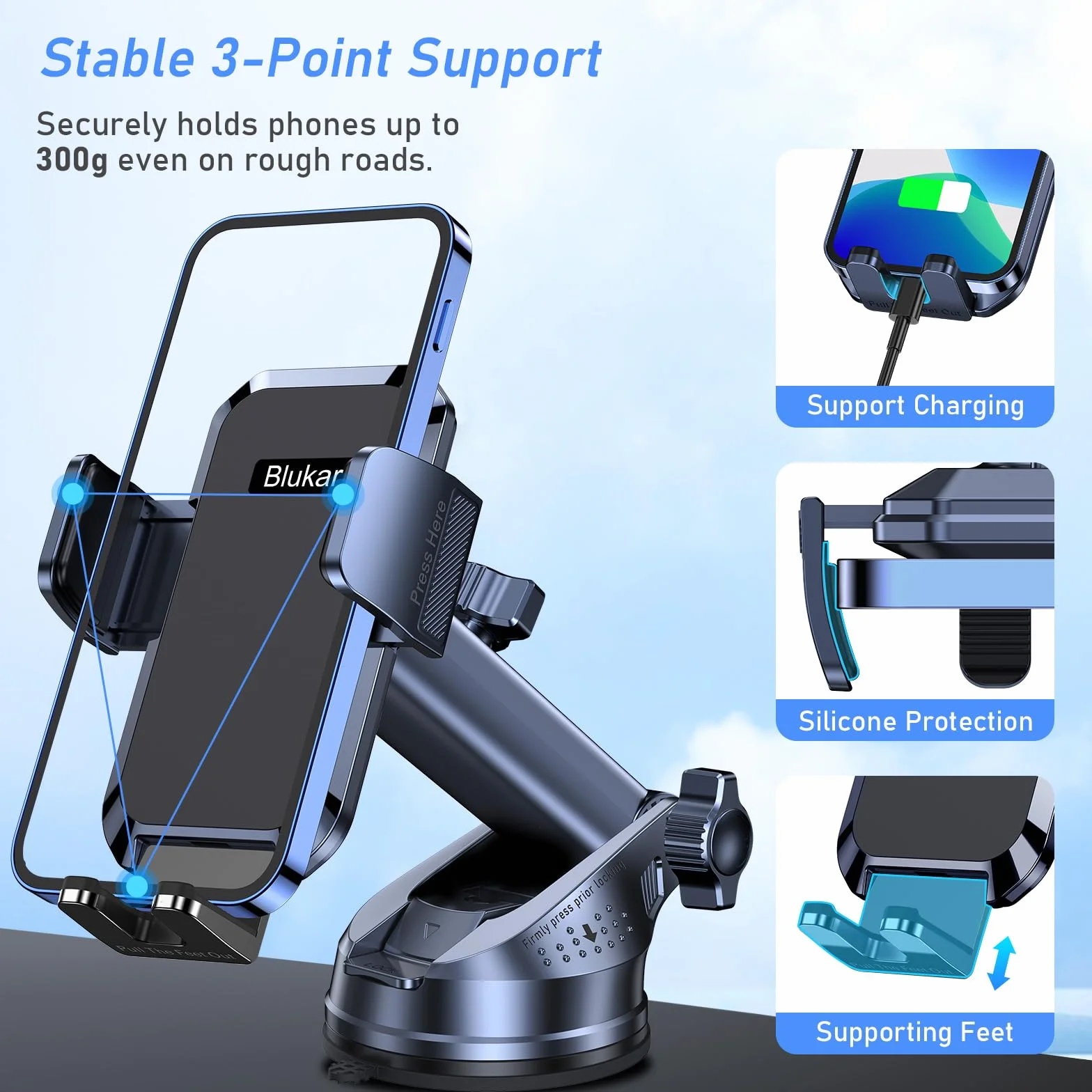 Blukar Soporte Móvil Coche, 2023 Upgraded Ajustable Soporte Teléfono Coche con Ventosa Fuerte & 360° Rotación - Liberación de un Botón Porta Movil Coche para Todos los Teléfonos de 4.0''-7.0'' (Negro)